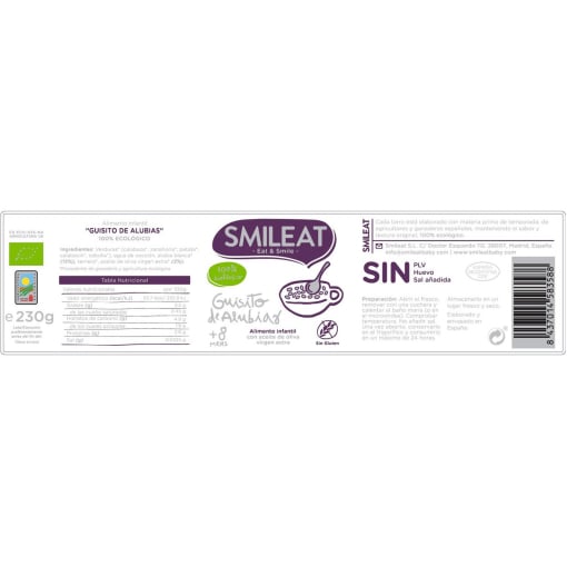 Tarrito de guisito de alubias desde 6 meses ecológico Smileat sin gluten 230 g. — otra vista del envase