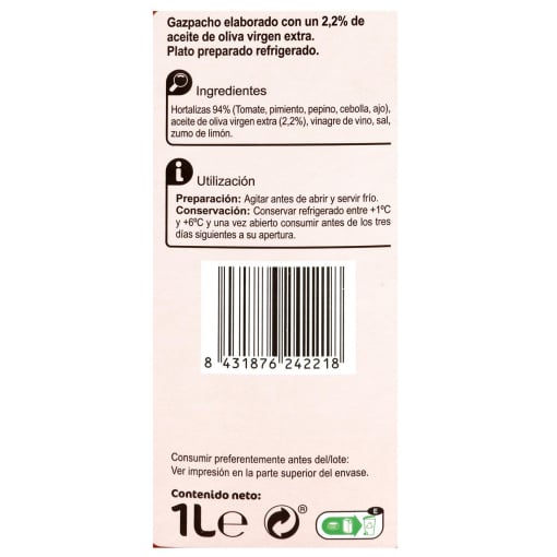 Gazpacho Carrefour sin gluten 1 l. — otra vista del envase