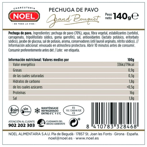 Pechuga de pavo en lonchas Noel Grand Bouquet sin gluten y sin lactosa 140 g. — otra vista del envase