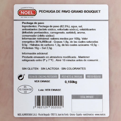 Pechuga de pavo en lonchas Noel Grand Bouquet sin gluten y sin lactosa 140 g. — otra vista del envase