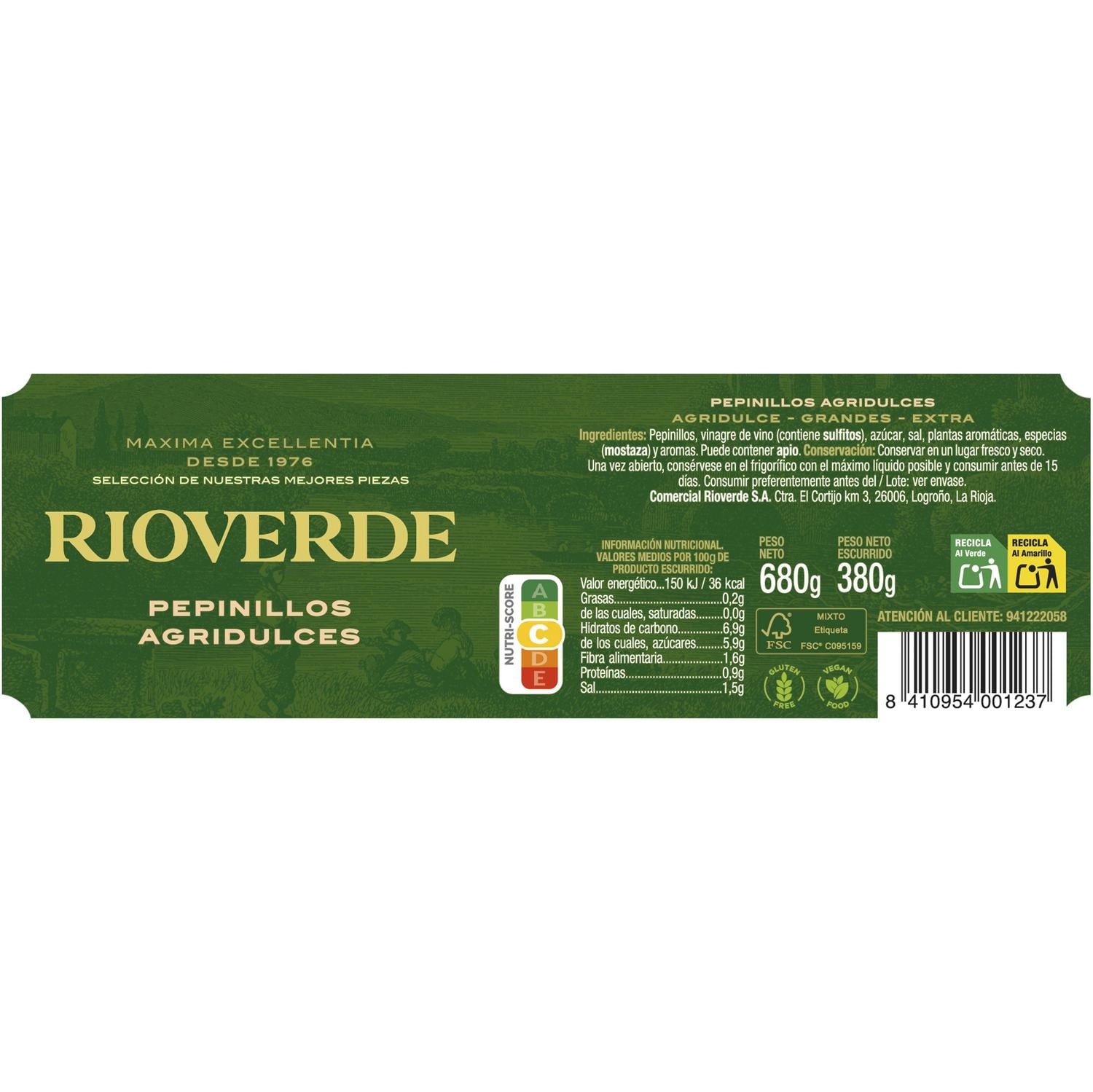 Pepinillos agridulces Rioverde sin gluten 380 g. — otra vista del envase
