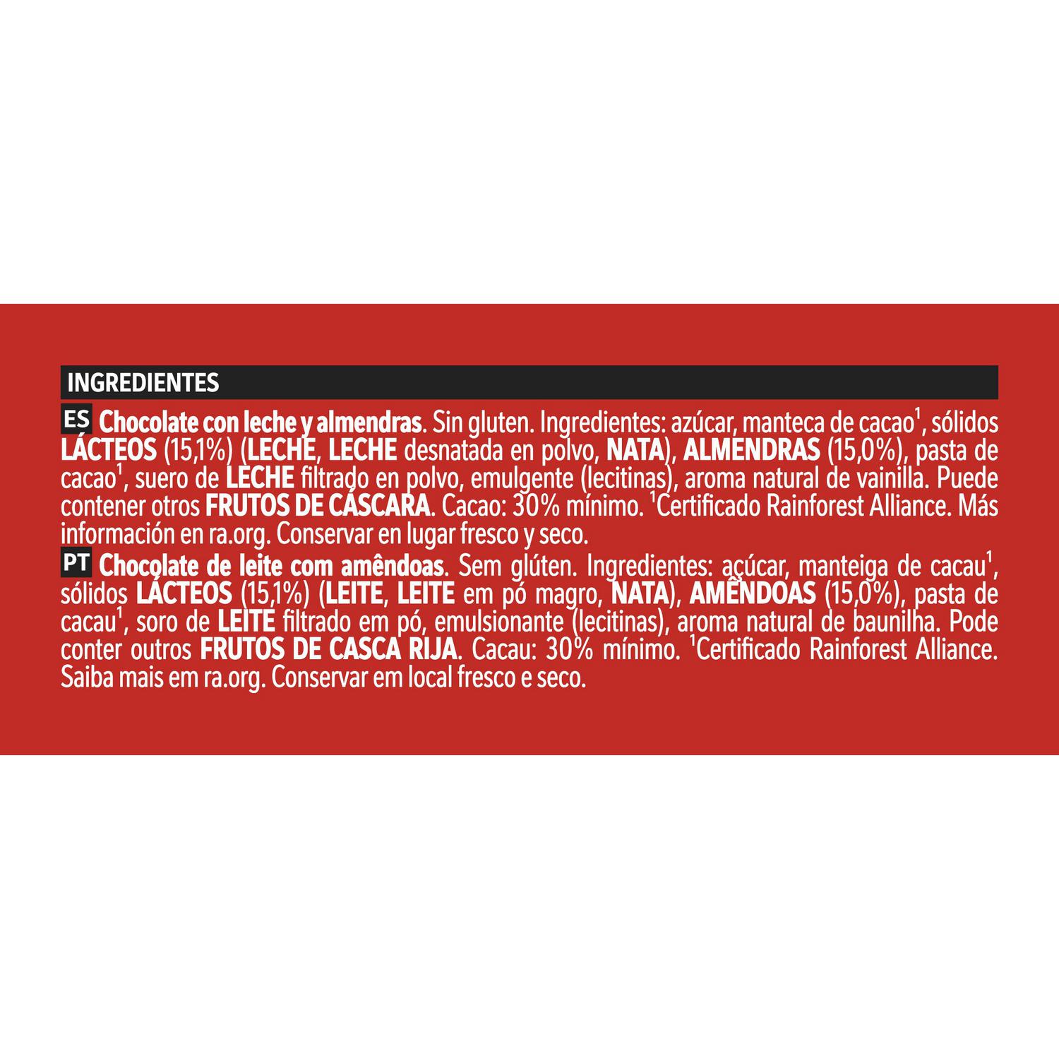 Chocolate con leche y almendras Nestlé Extrafino sin gluten 250 g. — otra vista del envase