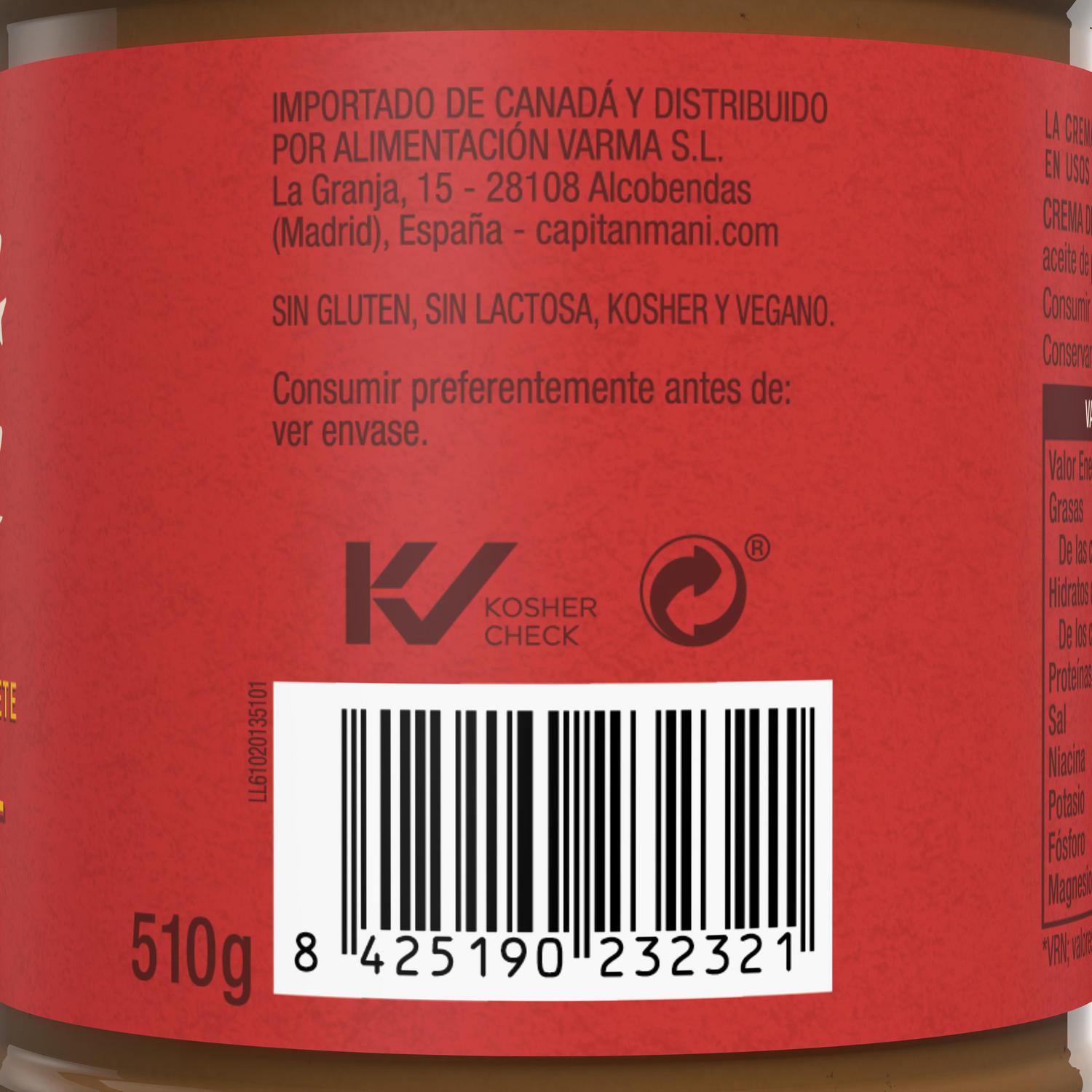 Crema de cacahuete suave Capitán Maní sin gluten y sin lactosa 510 g. — otra vista del envase