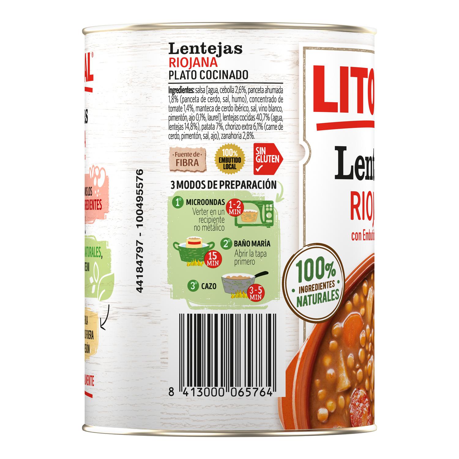 Lentejas a la riojana Litoral sin gluten 425 g. — otra vista del envase