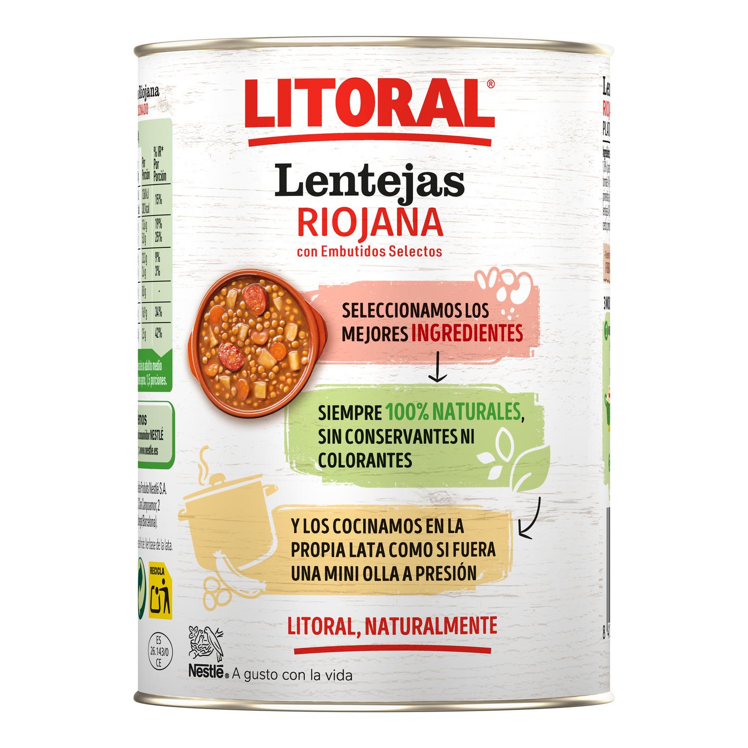 Lentejas a la riojana Litoral sin gluten 425 g. — otra vista del envase