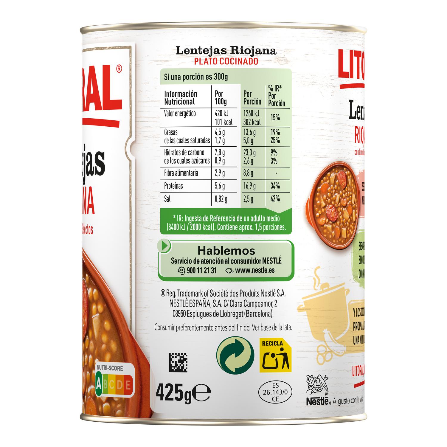 Lentejas a la riojana Litoral sin gluten 425 g. — otra vista del envase