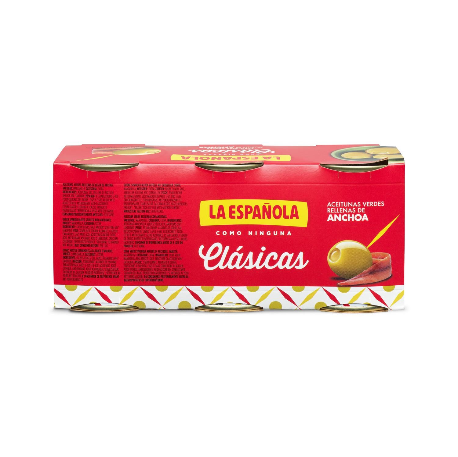Aceitunas verdes rellenas de anchoa La Española sin gluten 3 pack de 50 g. — otra vista del envase