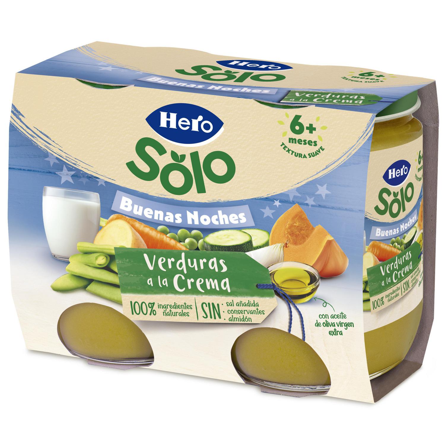 Tarrito de verduritas a la crema desde 6 meses Buenas Noches Hero Solo sin gluten pack de 2 unidades de 190 g. — otra vista del envase