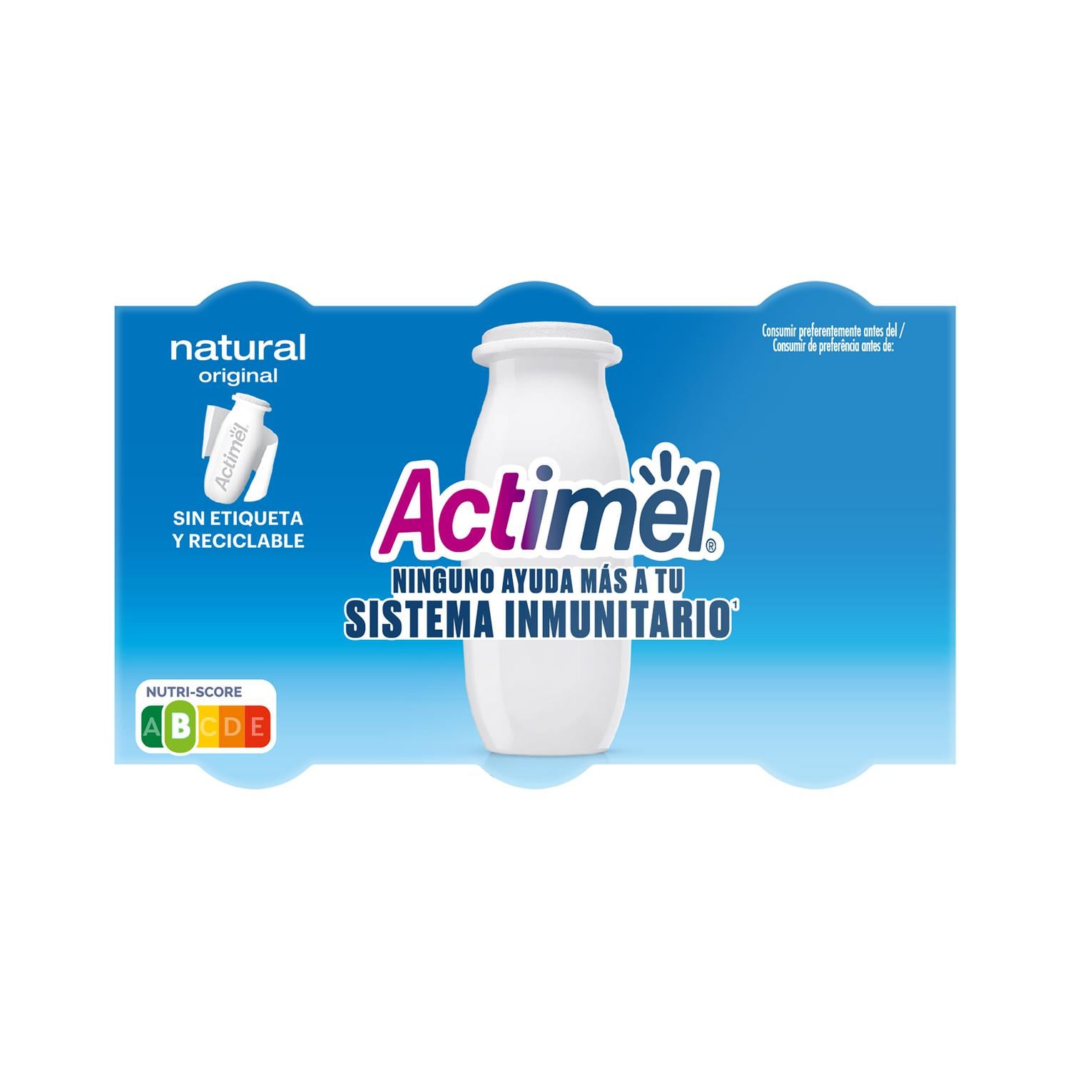 Leche fermentada líquida natural Danone Actimel sin gluten pack de 6 unidades de 100 g. — otra vista del envase