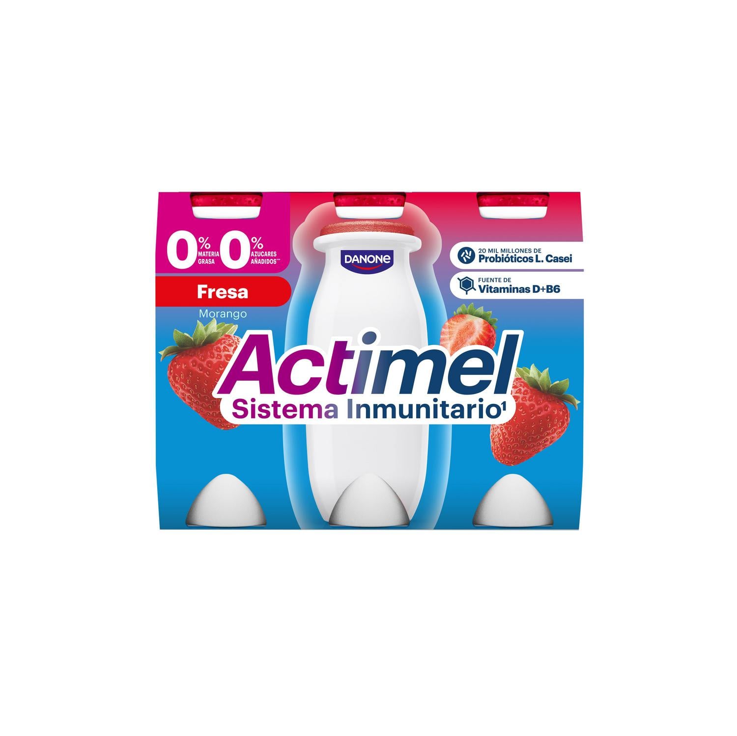 Leche fermentada líquida desnatada con fresa sin azúcar añadido Danone Actimel sin gluten pack de 6 unidades de 100 g. — otra vista del envase