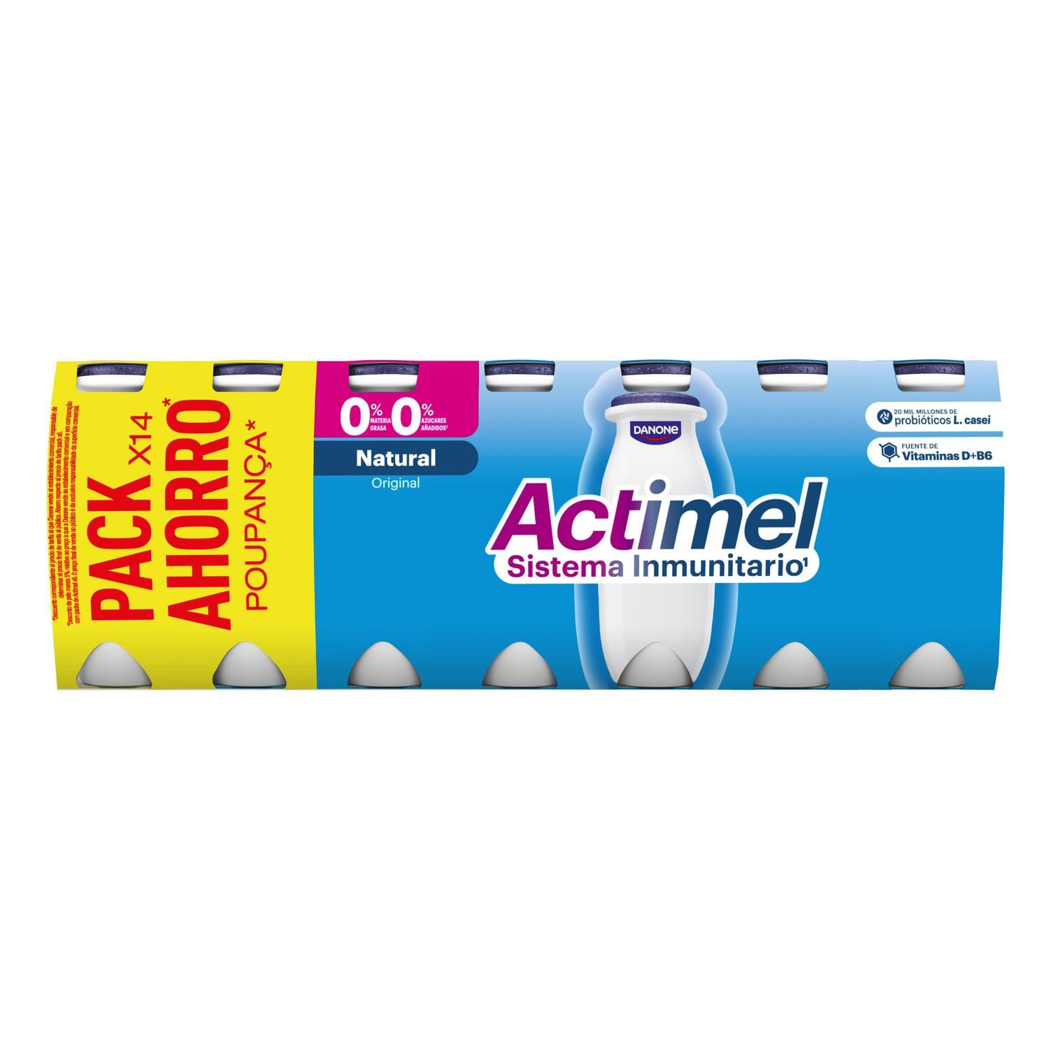 Leche fermentada líquida desnatada natural Danone Actimel sin gluten y sin azúcar añadido pack de 14 unidades de 100 g. — otra vista del envase