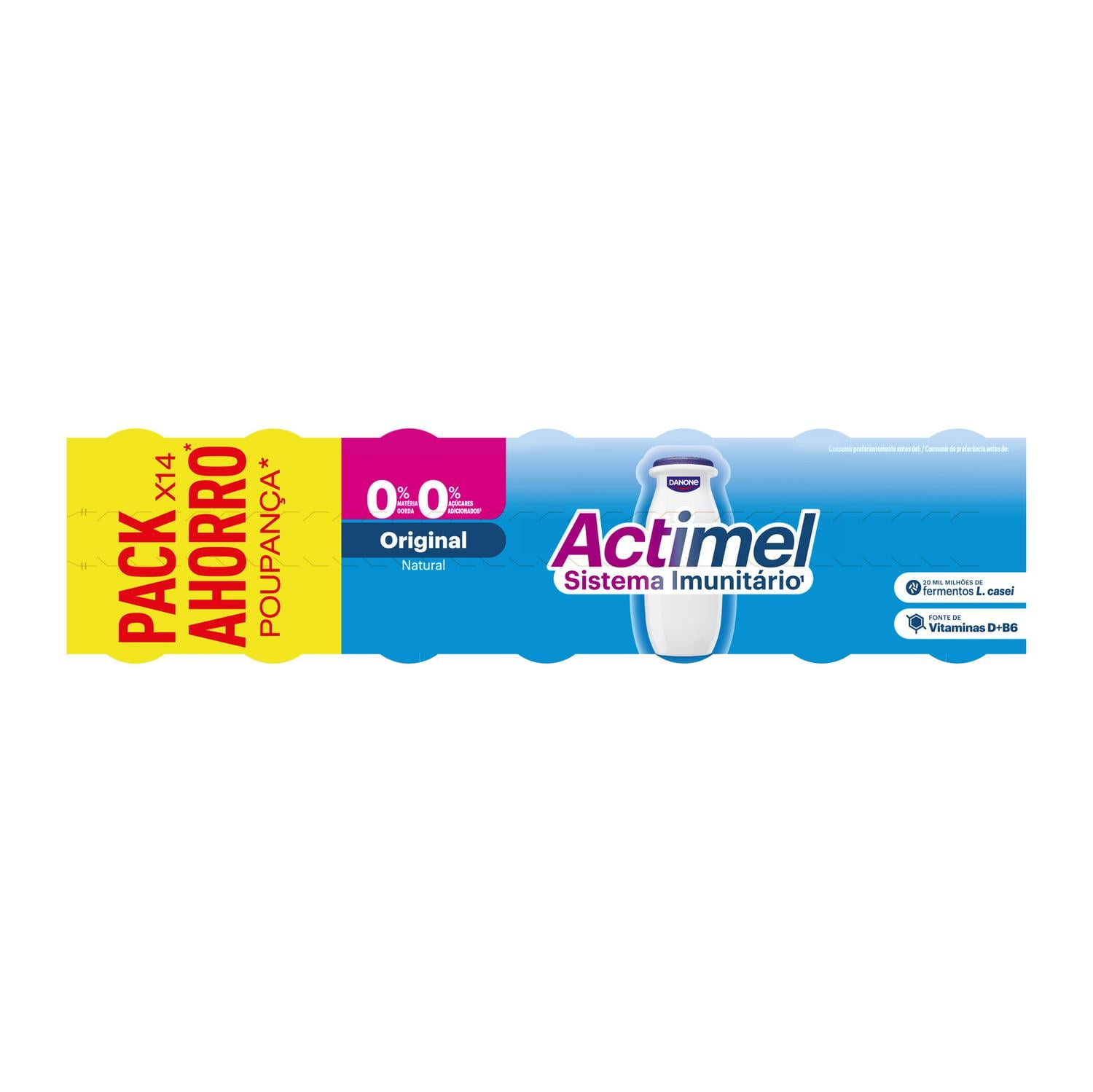 Leche fermentada líquida desnatada natural Danone Actimel sin gluten y sin azúcar añadido pack de 14 unidades de 100 g. — otra vista del envase