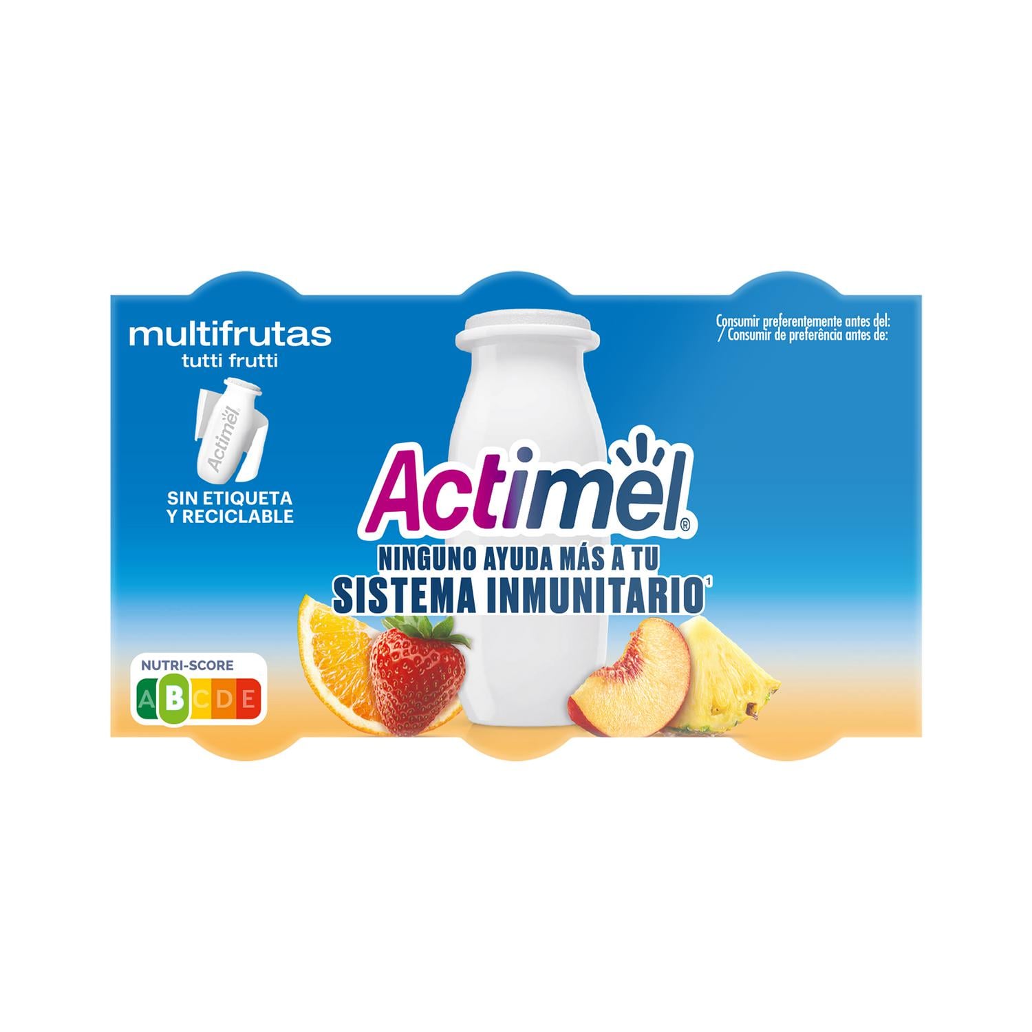 Leche fermentada líquida multifrutas Danone - Actimel sin gluten pack de 6 unidades de 100 g. — otra vista del envase