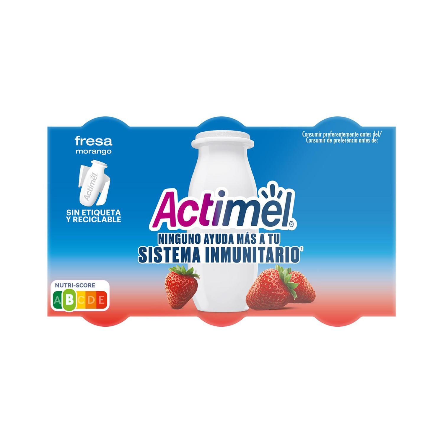 Leche fermentada líquida con fresa Danone Actimel sin gluten pack de 6 unidades de 100 g. — otra vista del envase