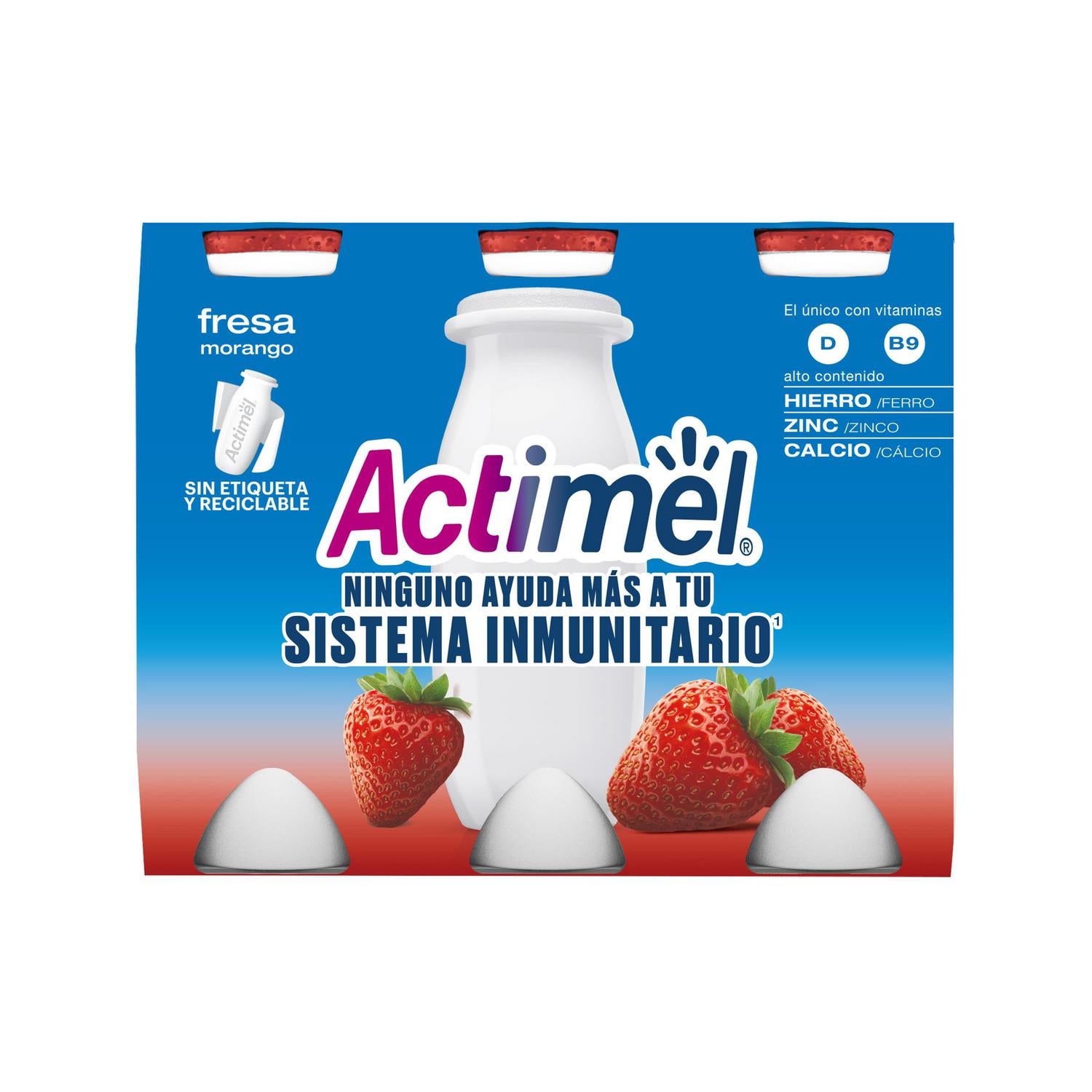Leche fermentada líquida con fresa Danone Actimel sin gluten pack de 6 unidades de 100 g. — otra vista del envase