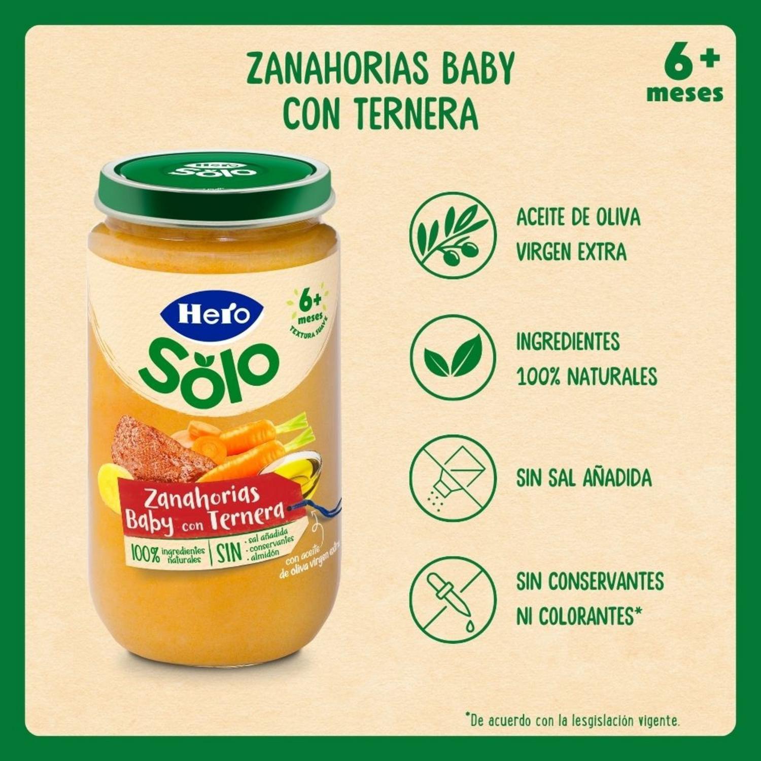 Tarrito de zanahorias baby con ternera desde 6 meses Hero Solo sin gluten 235 g. — otra vista del envase