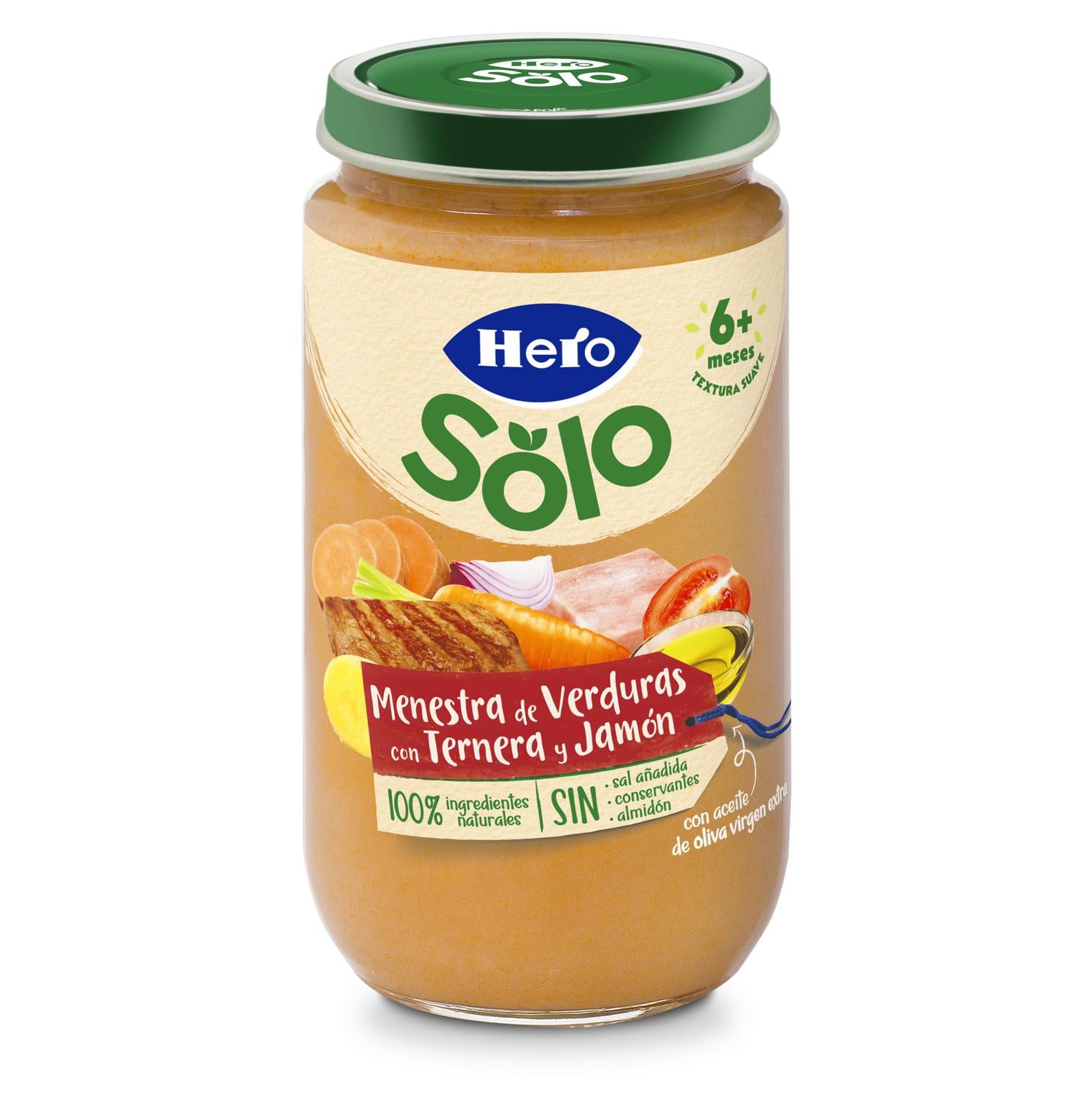 Tarrito de verduras con ternera y jamón desde 6 meses Hero Solo sin gluten 235 g. — otra vista del envase