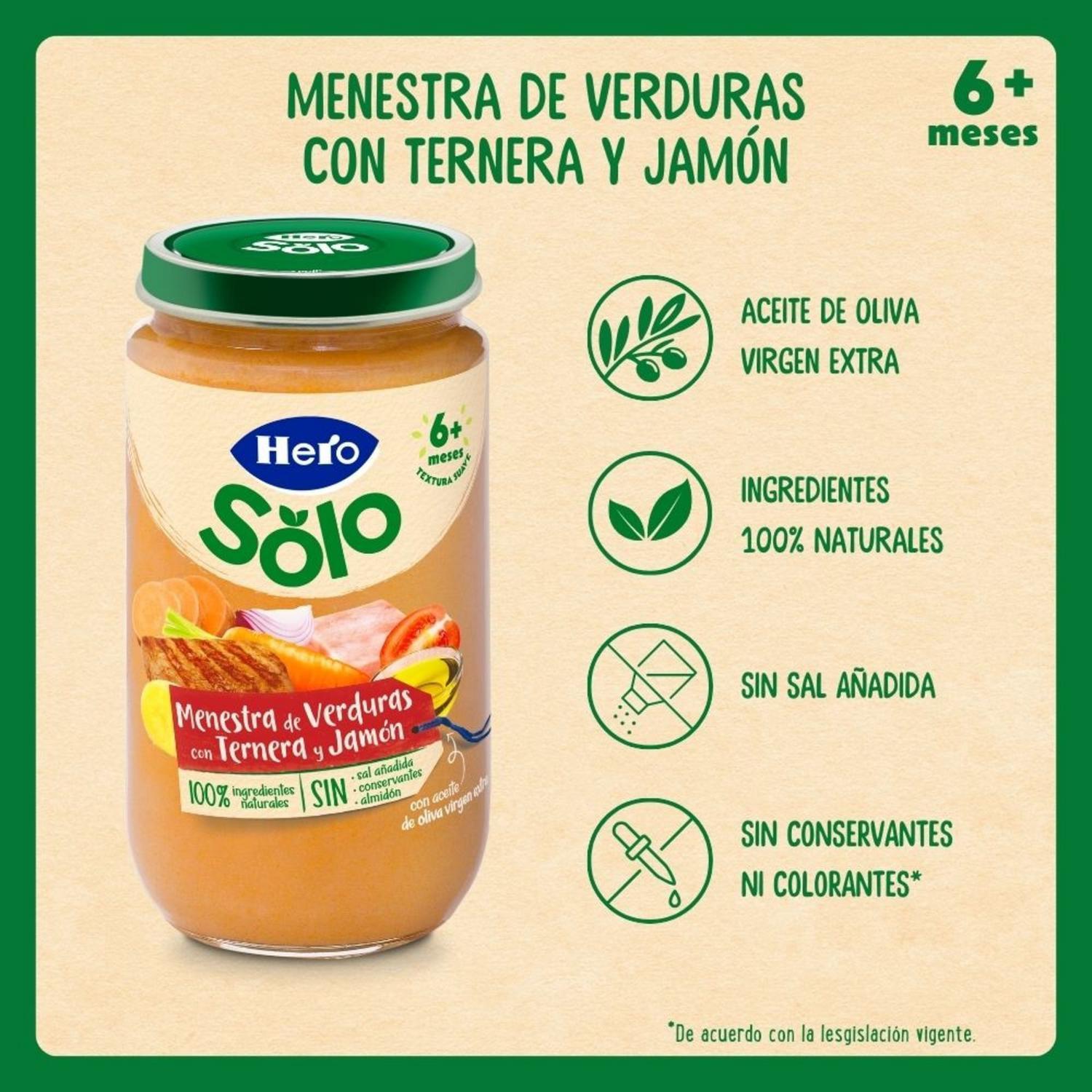 Tarrito de verduras con ternera y jamón desde 6 meses Hero Solo sin gluten 235 g. — otra vista del envase