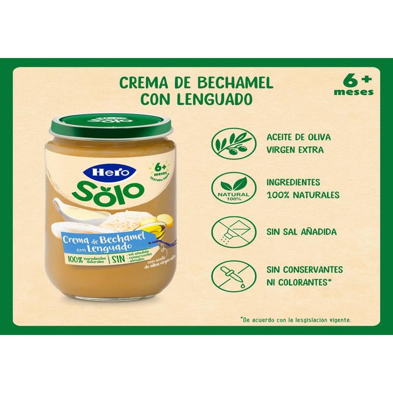 Tarrito de crema bechamel con lenguado desde 6 meses Hero Baby sin gluten 235 g. — otra vista del envase