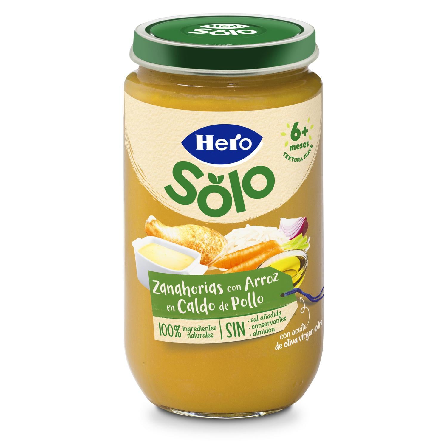 Tarrito de zanahorias con arroz en caldito de pollo desde 6 meses Hero Solo sin gluten 235 g. — otra vista del envase