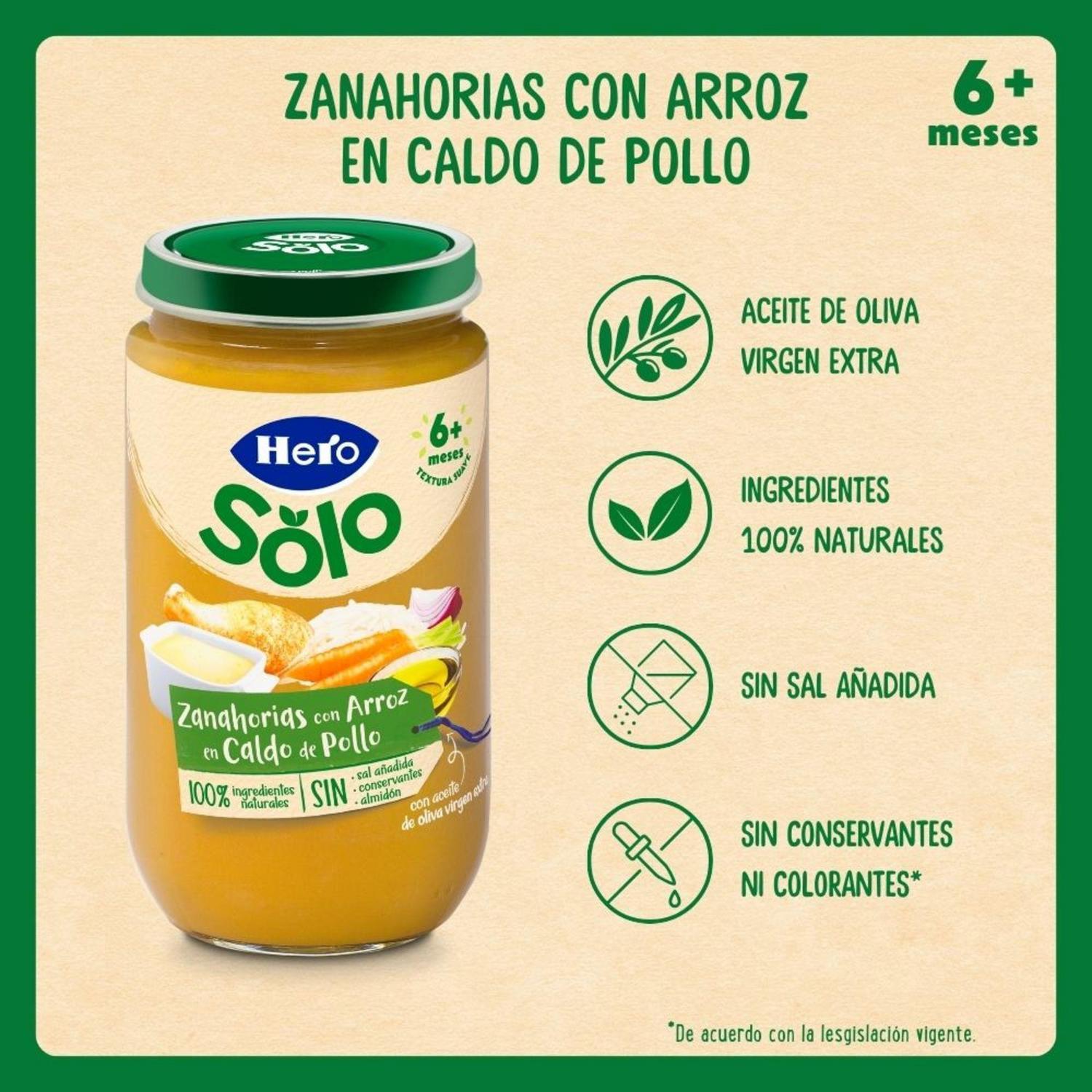 Tarrito de zanahorias con arroz en caldito de pollo desde 6 meses Hero Solo sin gluten 235 g. — otra vista del envase