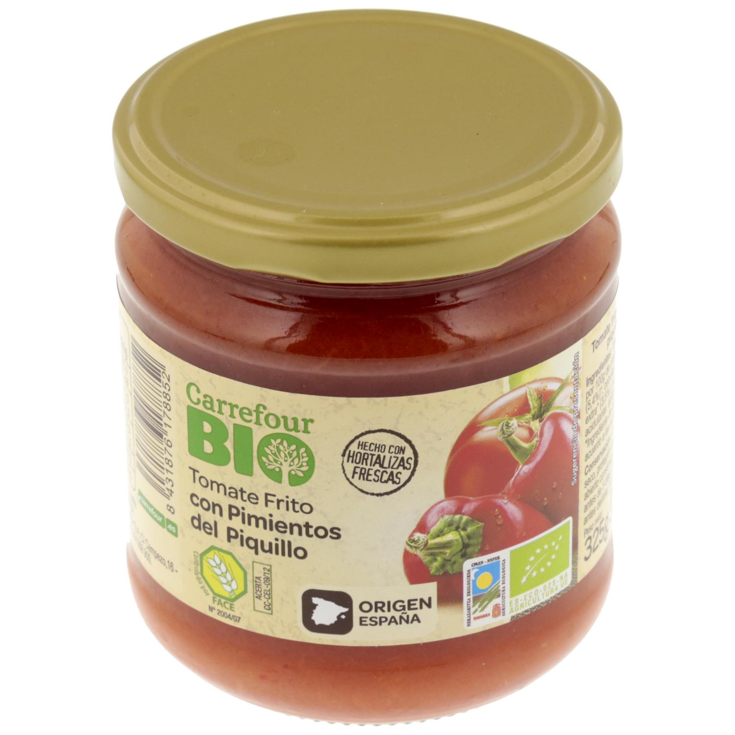 Tomate frito ecológico con pimientos de piquillo Carrefour Bio sin gluten tarro 325 g. — otra vista del envase