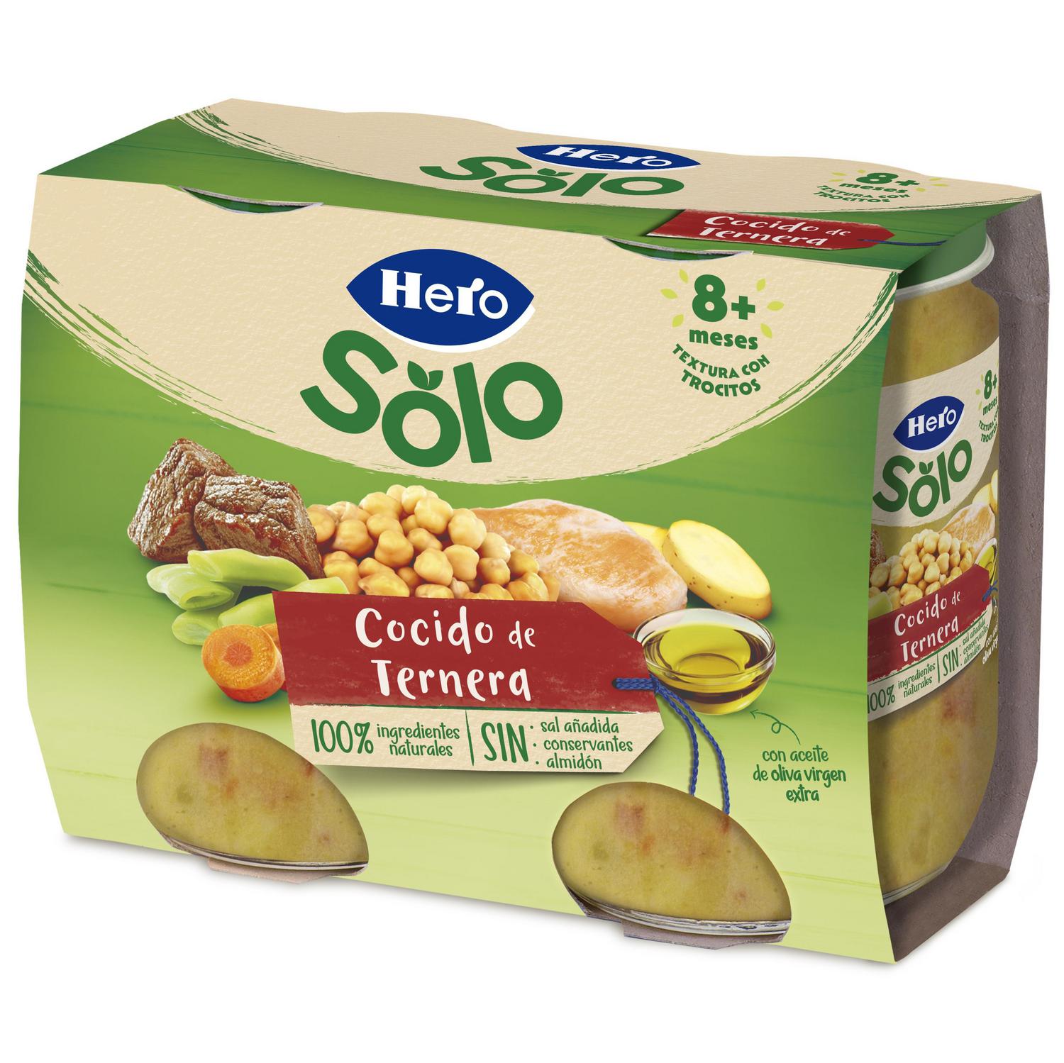 Tarrito de cocido de ternera desde 8 meses Hero Solo sin gluten pack de 2 unidades 190 g. — otra vista del envase