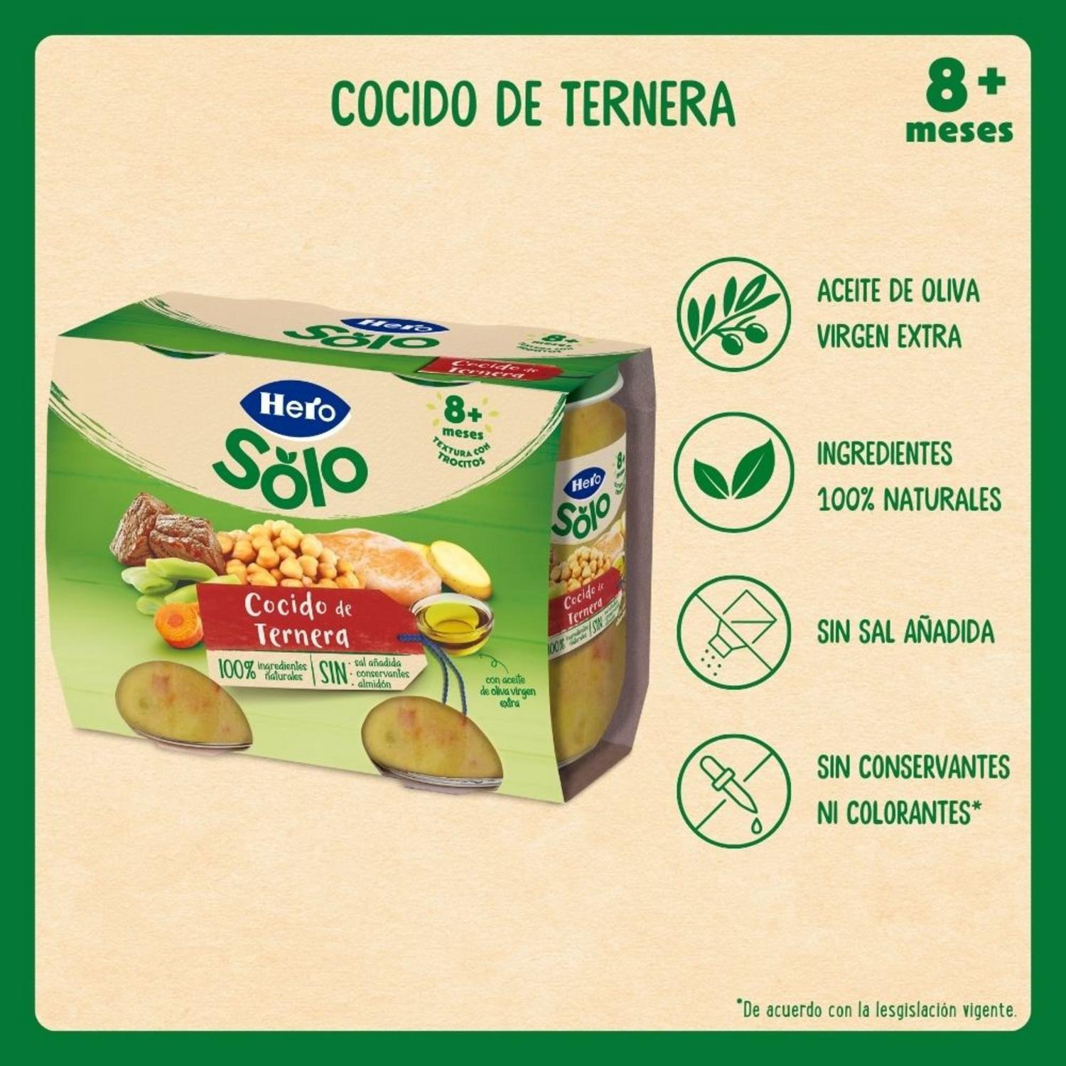 Tarrito de cocido de ternera desde 8 meses Hero Solo sin gluten pack de 2 unidades 190 g. — otra vista del envase