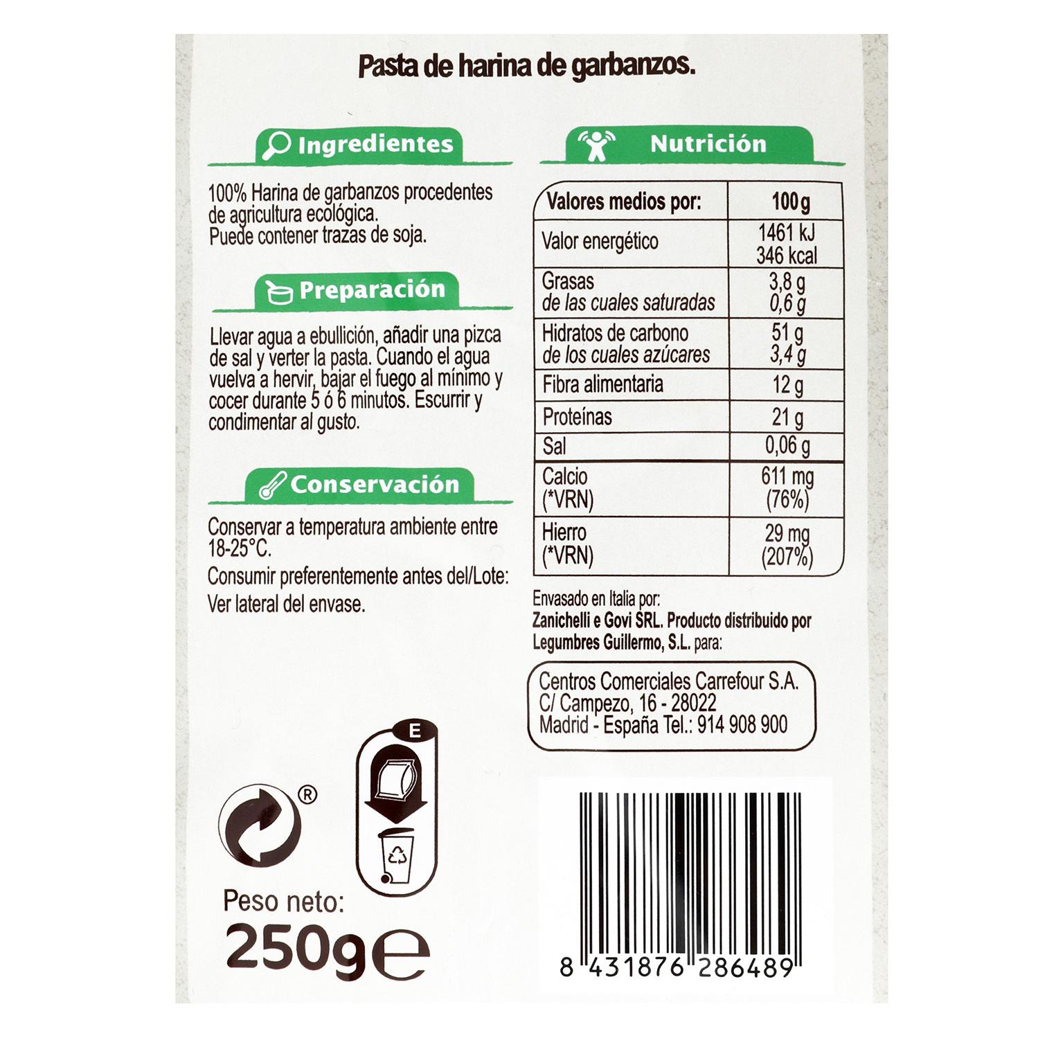Fusilli de garbanzos ecológicos Carrefour Bio sin gluten 250 g, — otra vista del envase