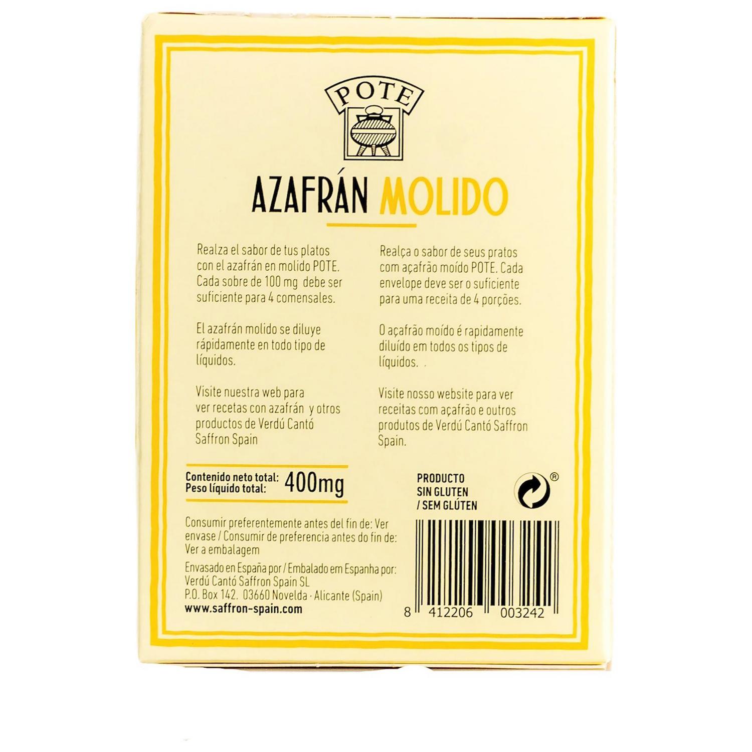 Azafrán molido Pote sin gluten 400 mg. — otra vista del envase