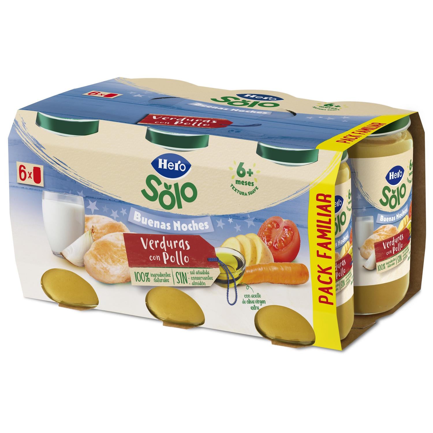 Tarrito de verduritas con pollo desde 6 meses Hero Solo Buenas Noches sin gluten pack de 6 unidades 190 g. — otra vista del envase
