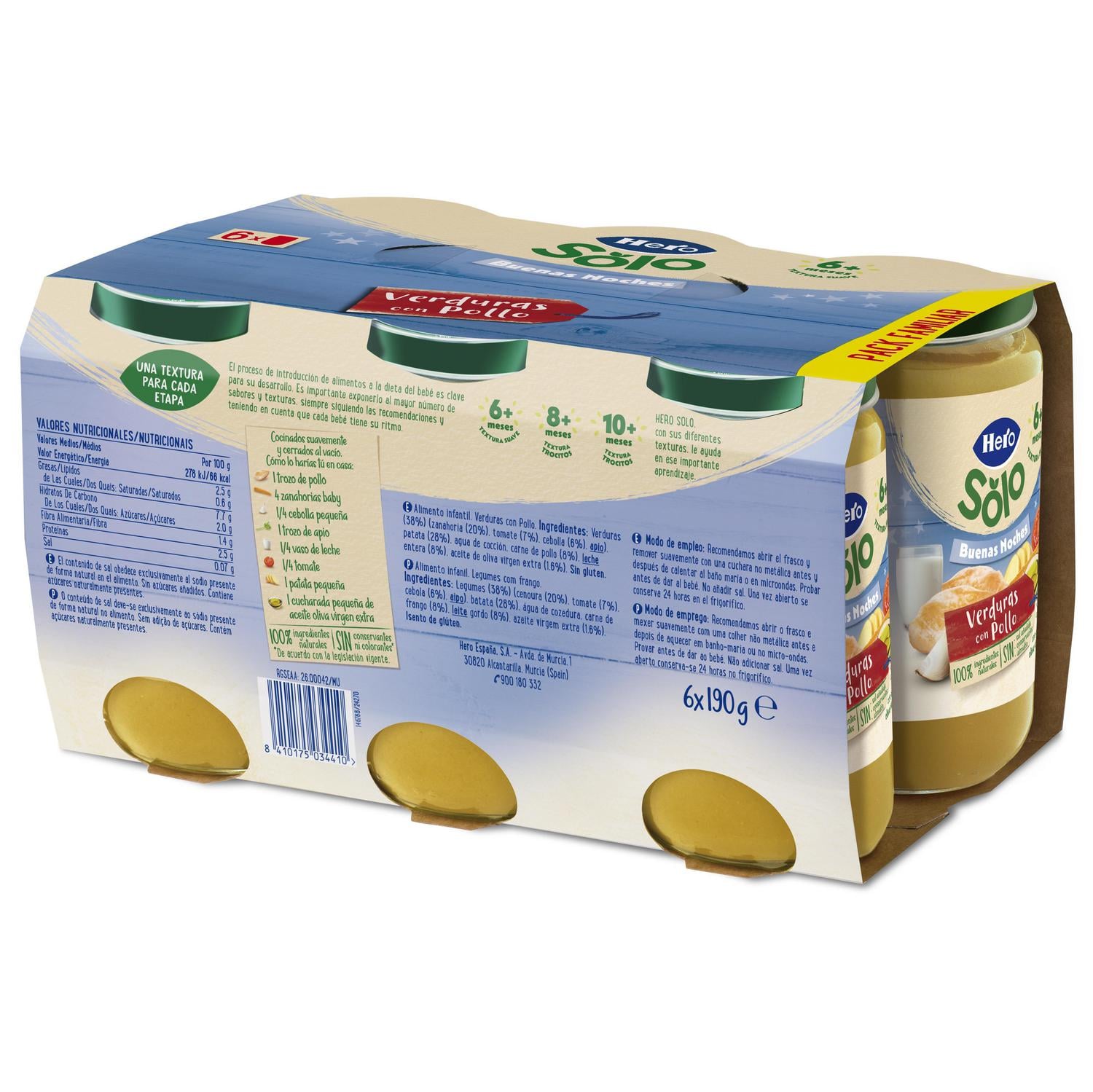 Tarrito de verduritas con pollo desde 6 meses Hero Solo Buenas Noches sin gluten pack de 6 unidades 190 g. — otra vista del envase