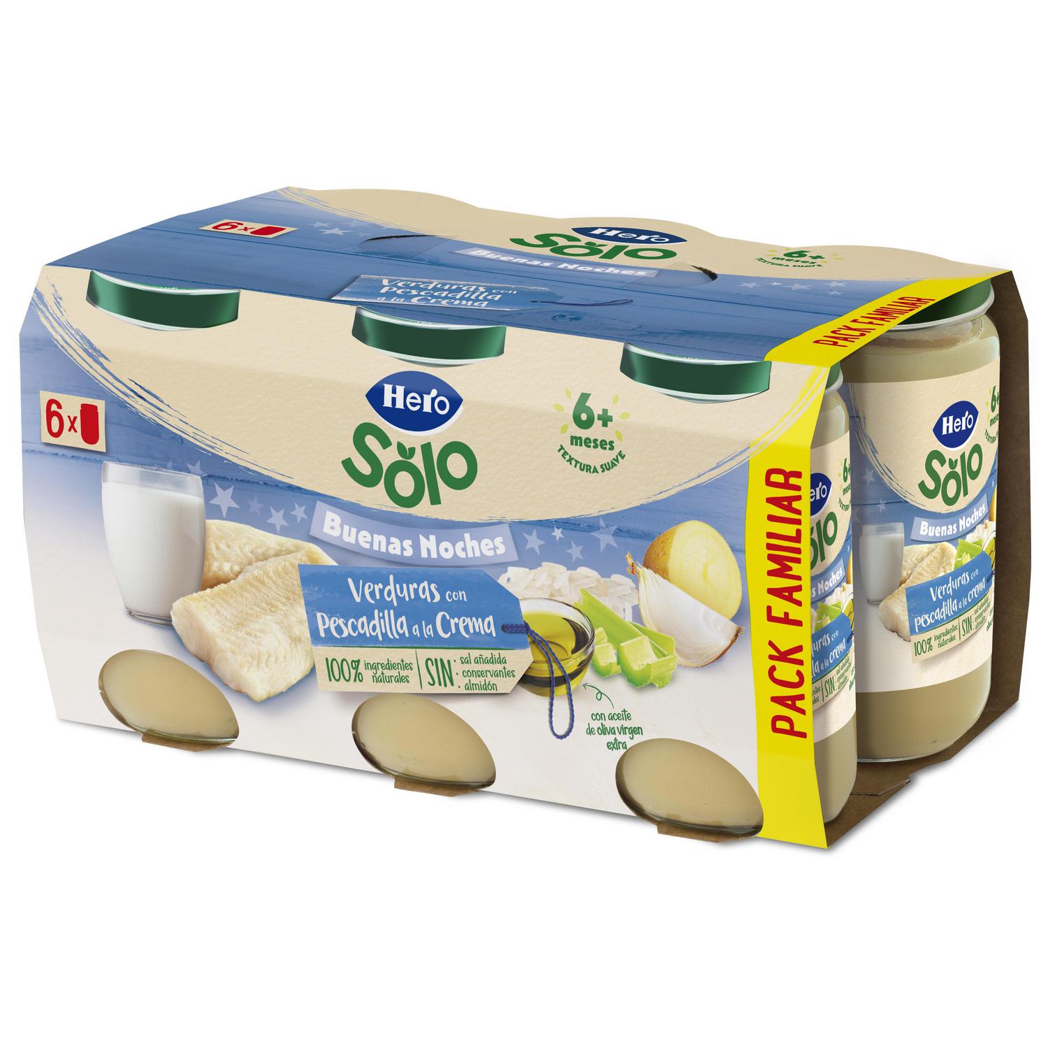 Tarrito de verduras con pescadilla a la crema desde 8 meses Hero Solo sin gluten pack de 6 unidades de 190 g. — otra vista del envase