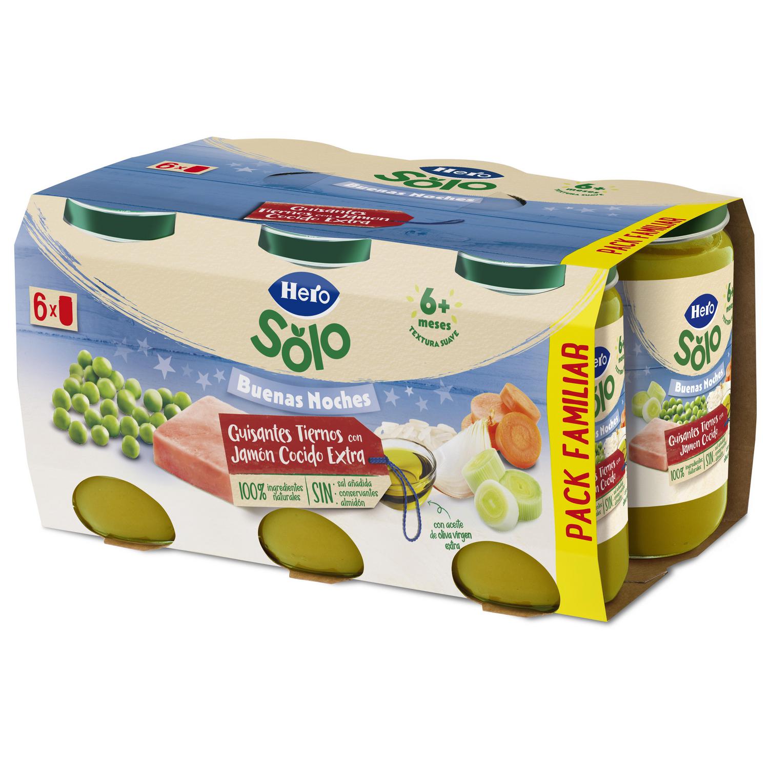 Tarrito de guisantes tiernos con jamón cocido extra desde 6 meses Hero Solo sin gluten pack de 6 unidades de 190 g. — otra vista del envase