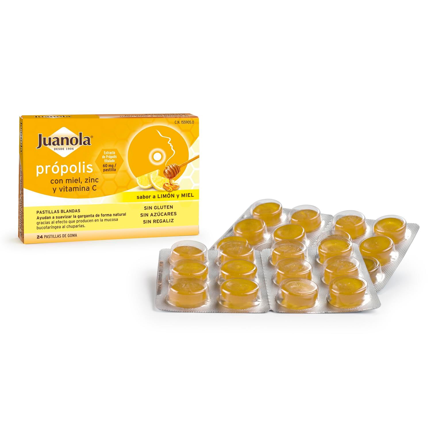 Própolis con miel, zinc y vit C sabor limón y miel en pastillas blandas Juanola sin gluten 24 ud. — otra vista del envase