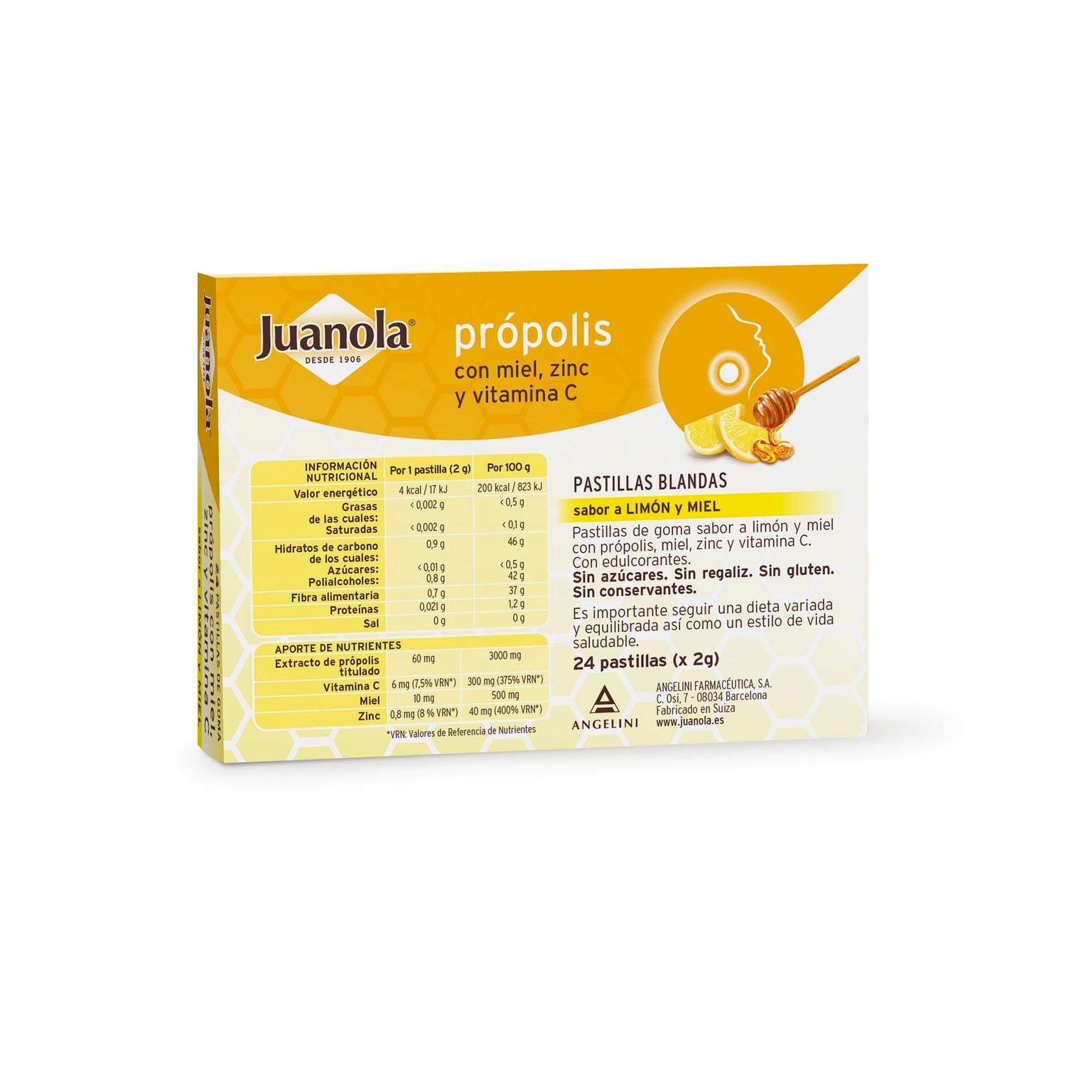 Própolis con miel, zinc y vit C sabor limón y miel en pastillas blandas Juanola sin gluten 24 ud. — otra vista del envase