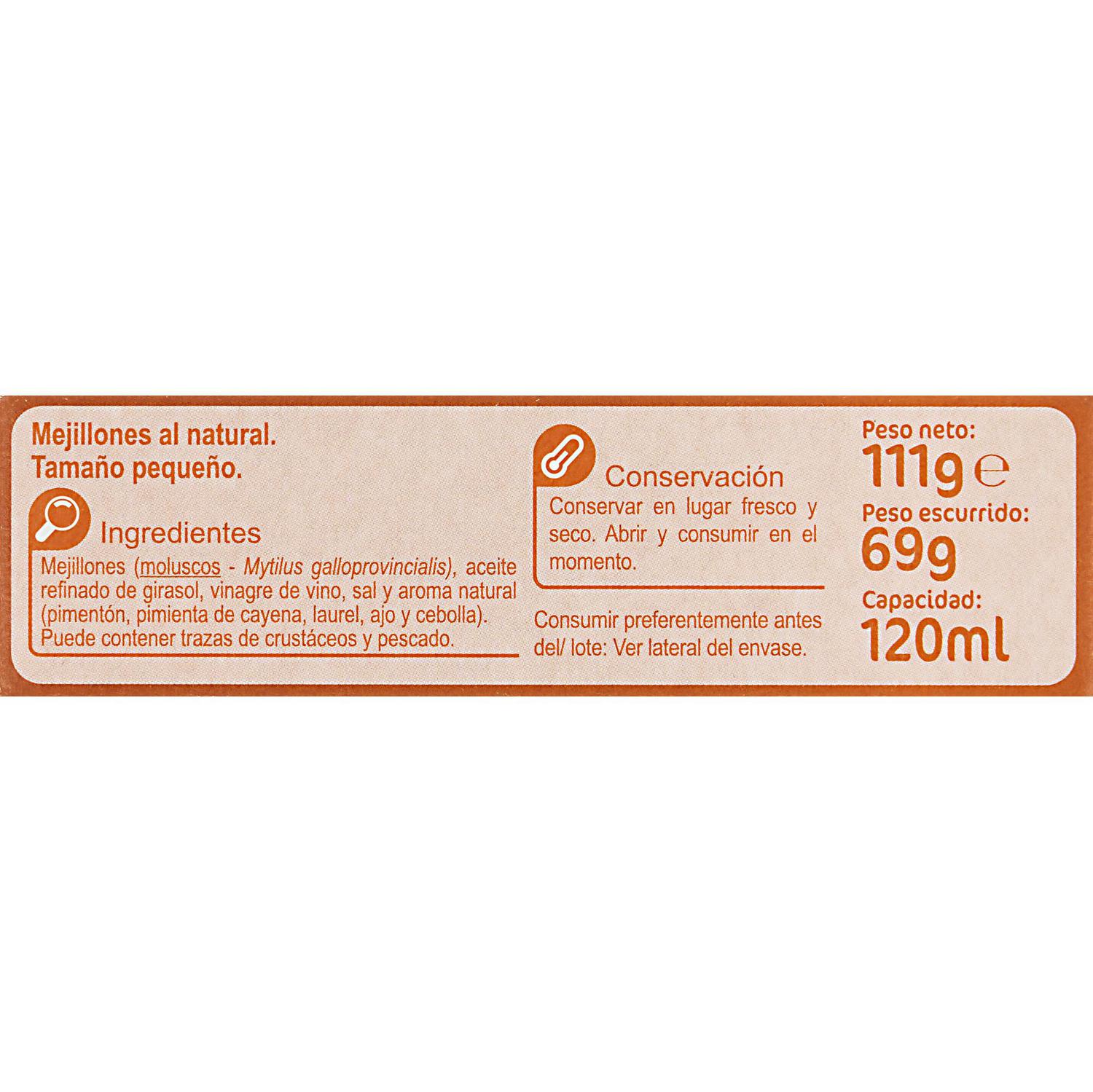 Mejillones en escabeche 13-18 Extra Carrefour sin gluten 69 g. — otra vista del envase