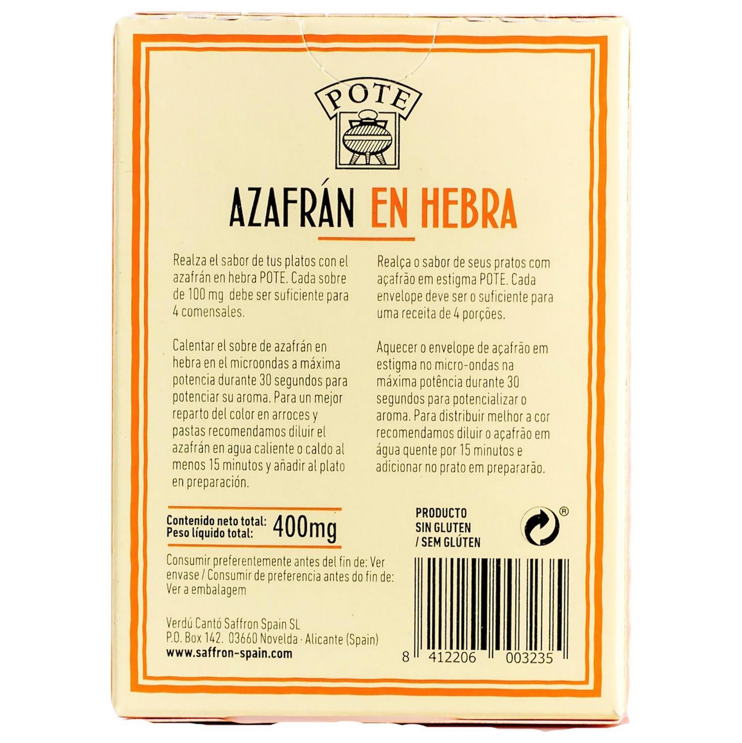 Azafrán en hebra Pote sin gluten 400 mg. — otra vista del envase