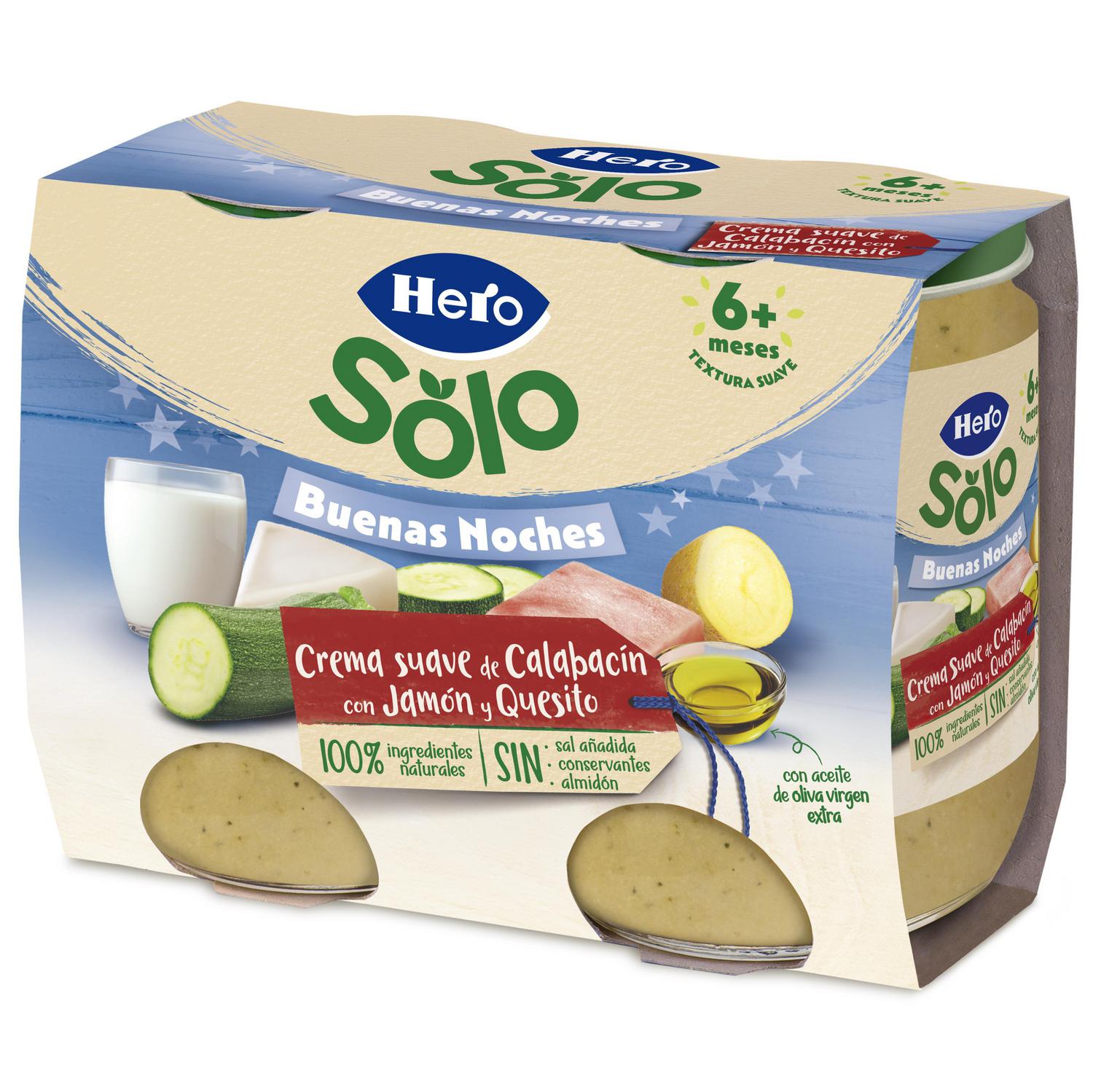 Tarrito de crema suave de calabacín con jamón y quesito desde 6 meses Hero Baby sin gluten pack de 2 unidades de 190 g. — otra vista del envase