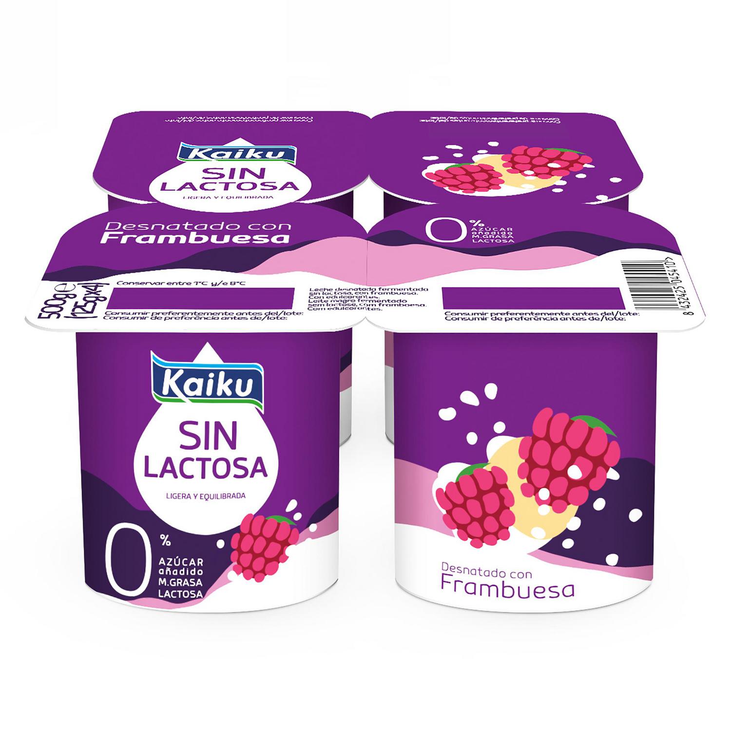Leche fermentada desnatada con frambuesa sin azúcar añadido Kaiku sin gluten y sin lactosa pack de 4 unidades de 125 g. — otra vista del envase