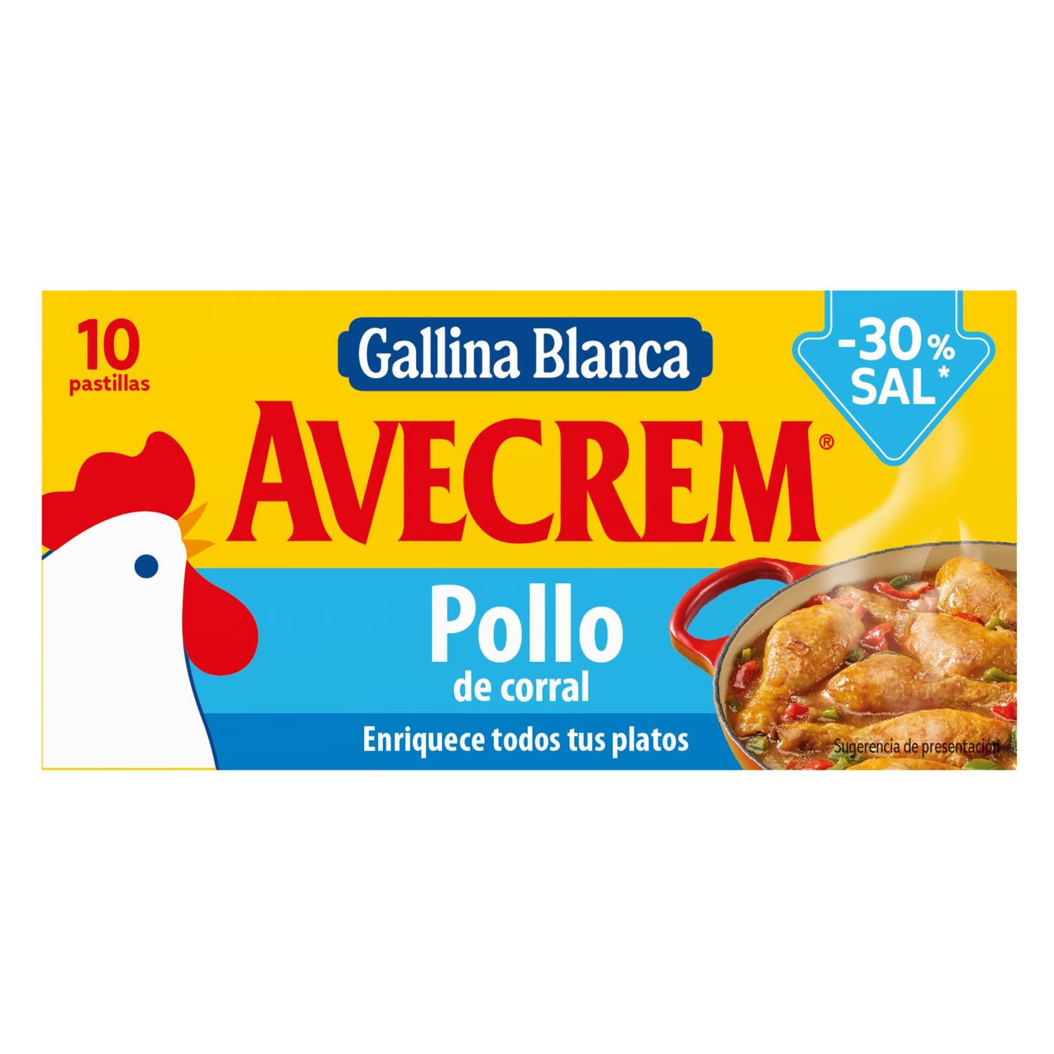 Caldo de pollo - 30% sal Avecrem Gallina Blanca sin gluten 10 pastillas — otra vista del envase