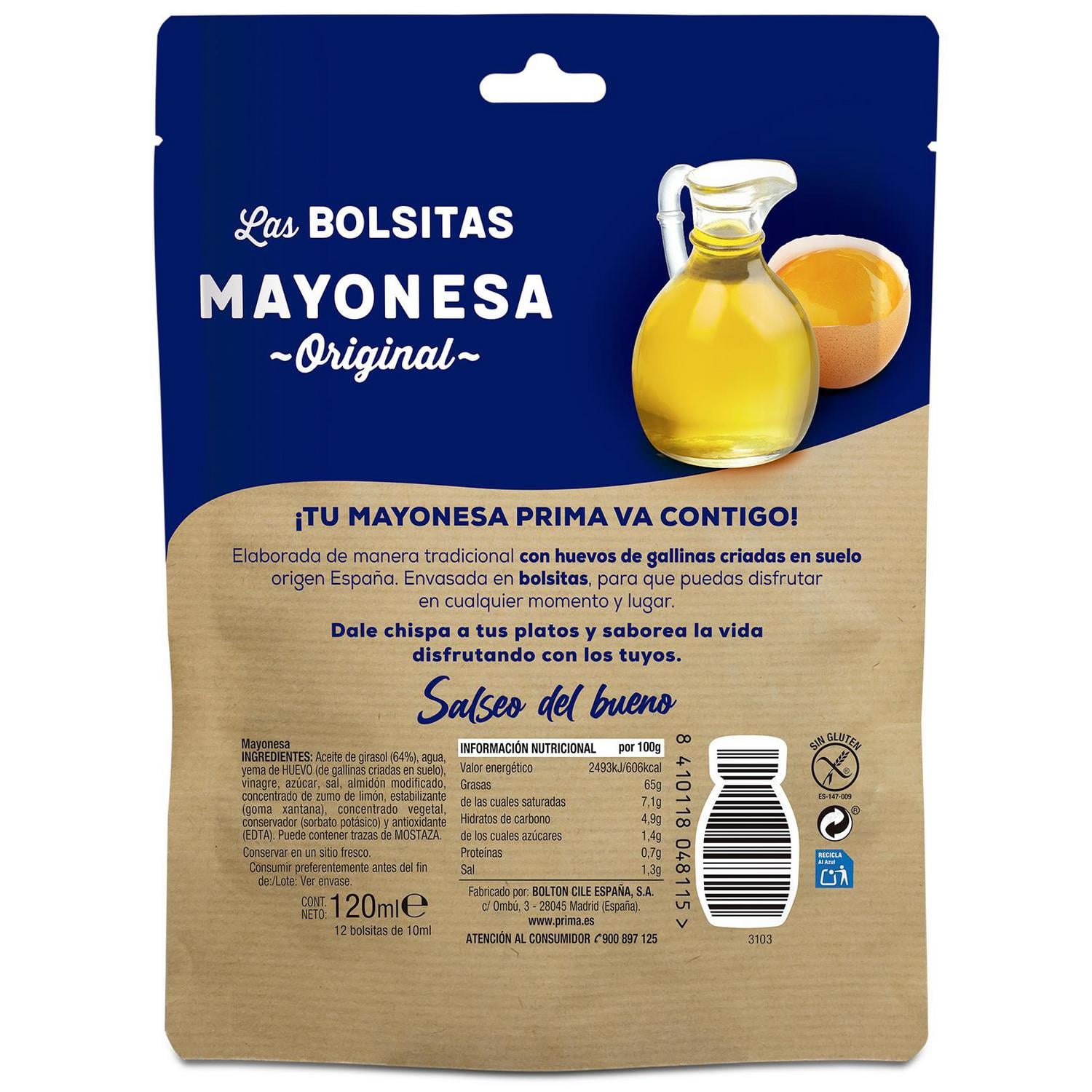 Mayonesa en bolsitas Prima sin gluten doy pack 12 ud. — otra vista del envase