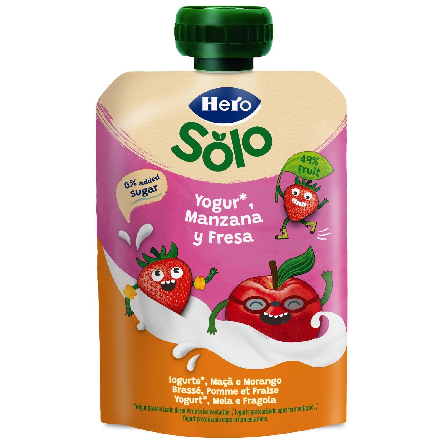 Bolsita de yogur, manzana y fresa desde 6 meses Hero Solo sin gluten y sin azúcar añadido 100 g. — otra vista del envase