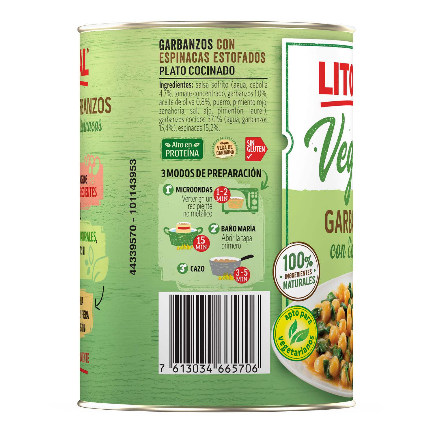 Garbanzos con espinacas Vegetal Litoral sin gluten 425 g. — otra vista del envase
