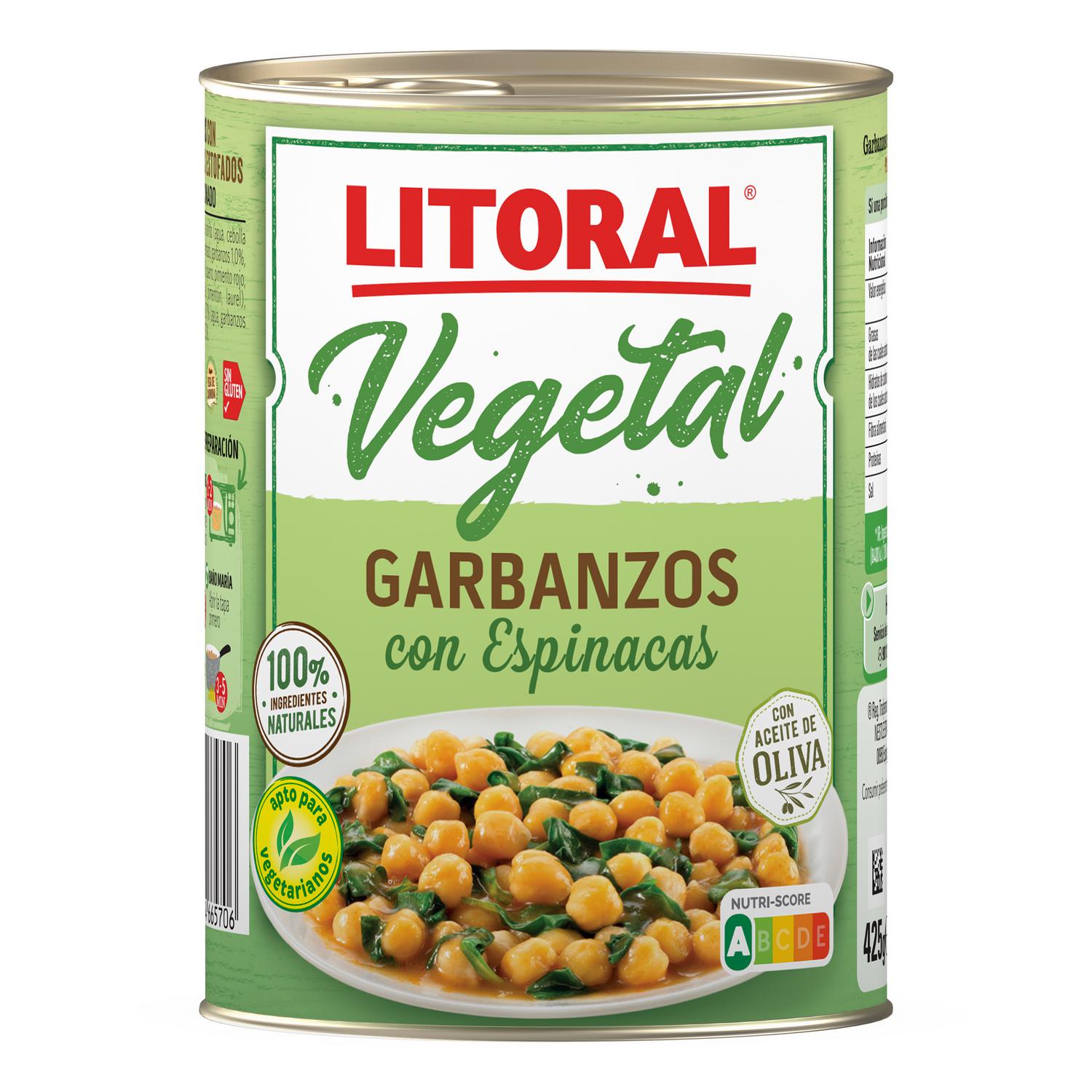 Garbanzos con espinacas Vegetal Litoral sin gluten 425 g. — otra vista del envase