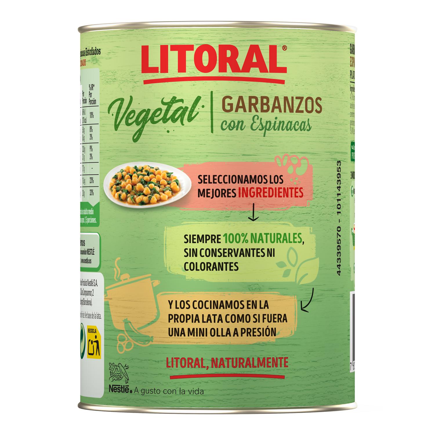 Garbanzos con espinacas Vegetal Litoral sin gluten 425 g. — otra vista del envase