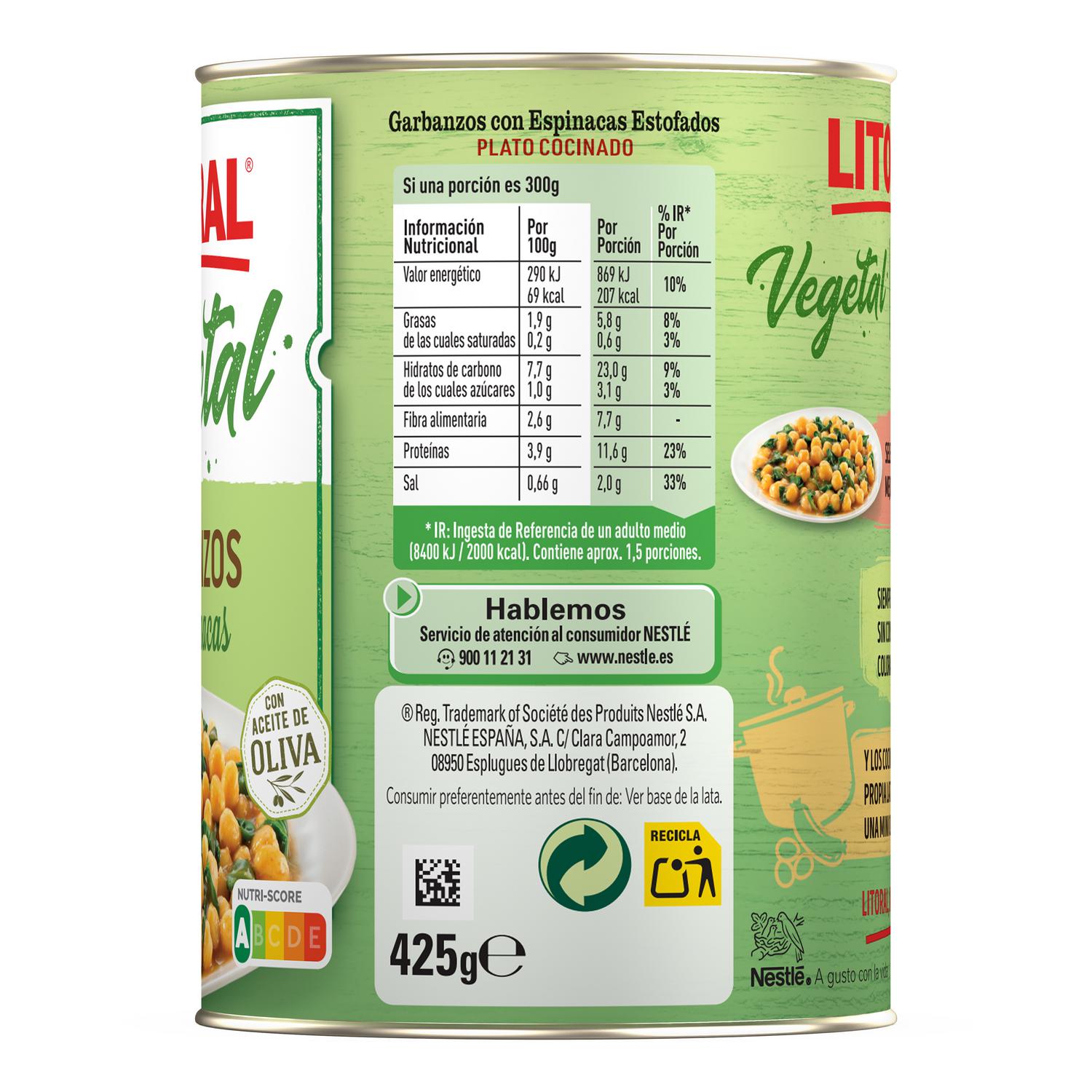 Garbanzos con espinacas Vegetal Litoral sin gluten 425 g. — otra vista del envase
