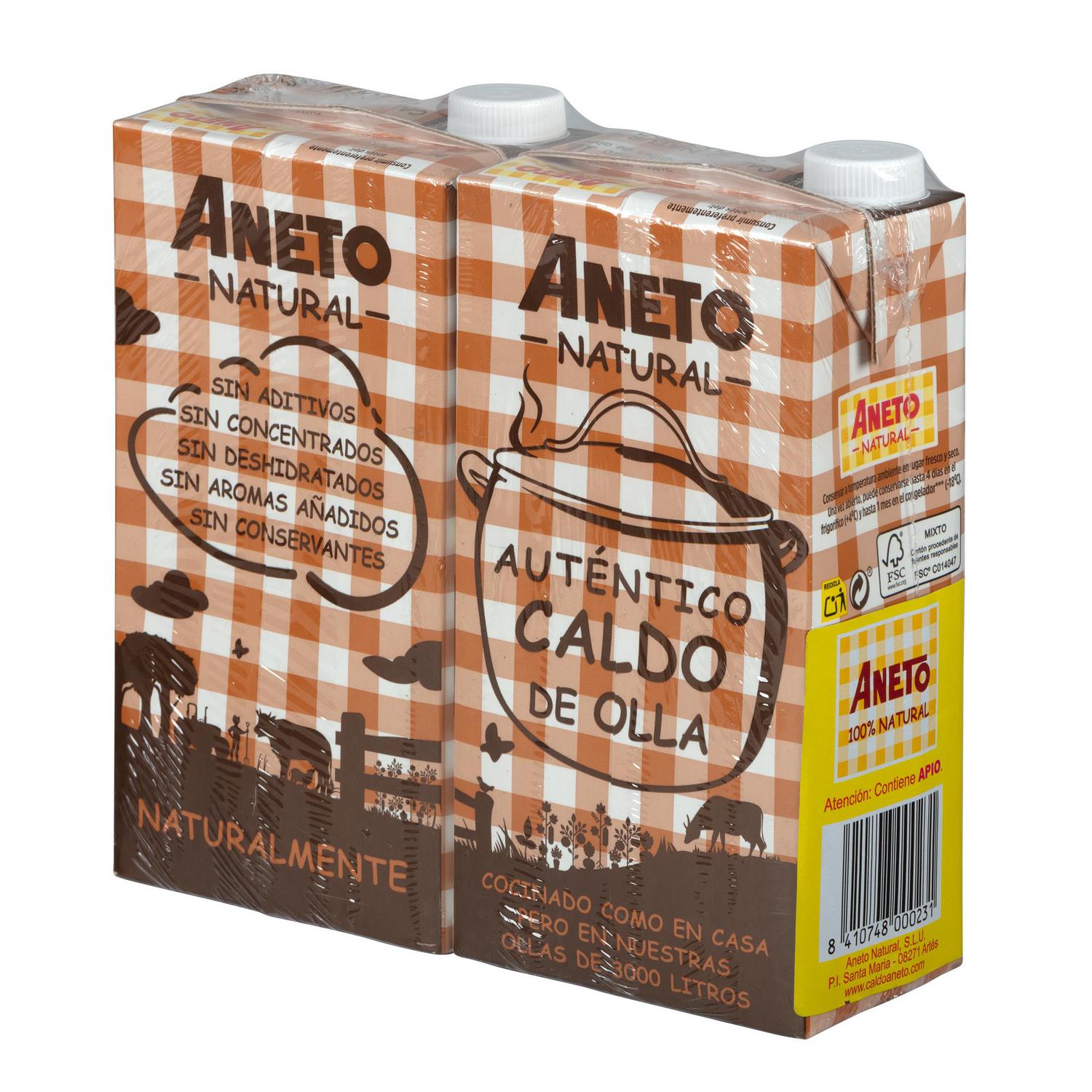 Caldo natural de puchero Aneto sin gluten y sin lactosa pack de 2 briks de 1 l. — otra vista del envase