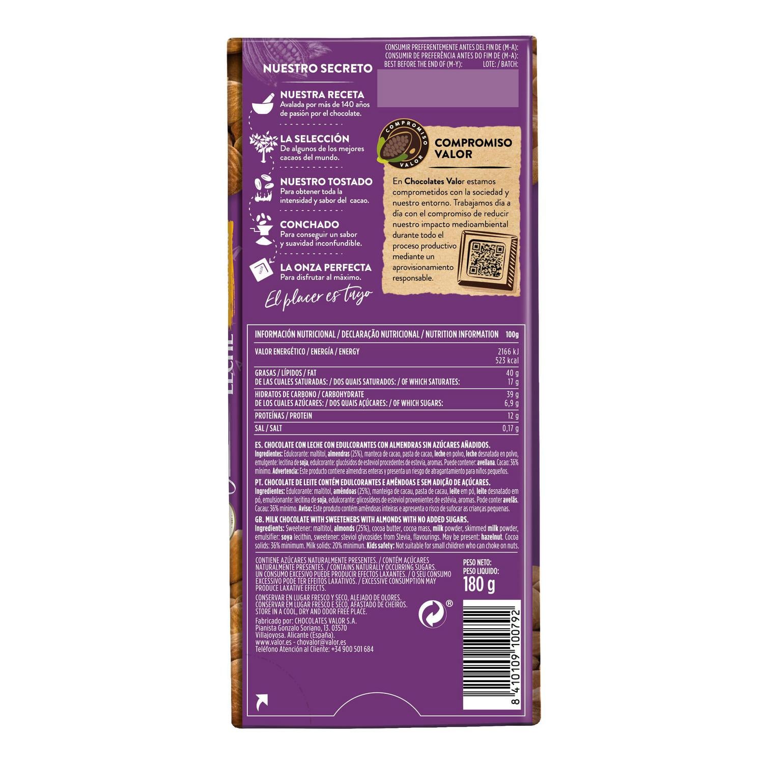 Chocolate con leche y almendras sin azúcar añadido Valor sin gluten 180 g. — otra vista del envase