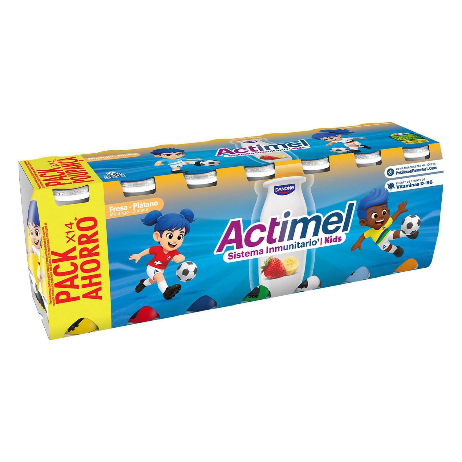 Leche fermentada líquida sabor fresa y plátano Danone Actimel Kids sin gluten pack de 14 unidades de 100 g. — otra vista del envase